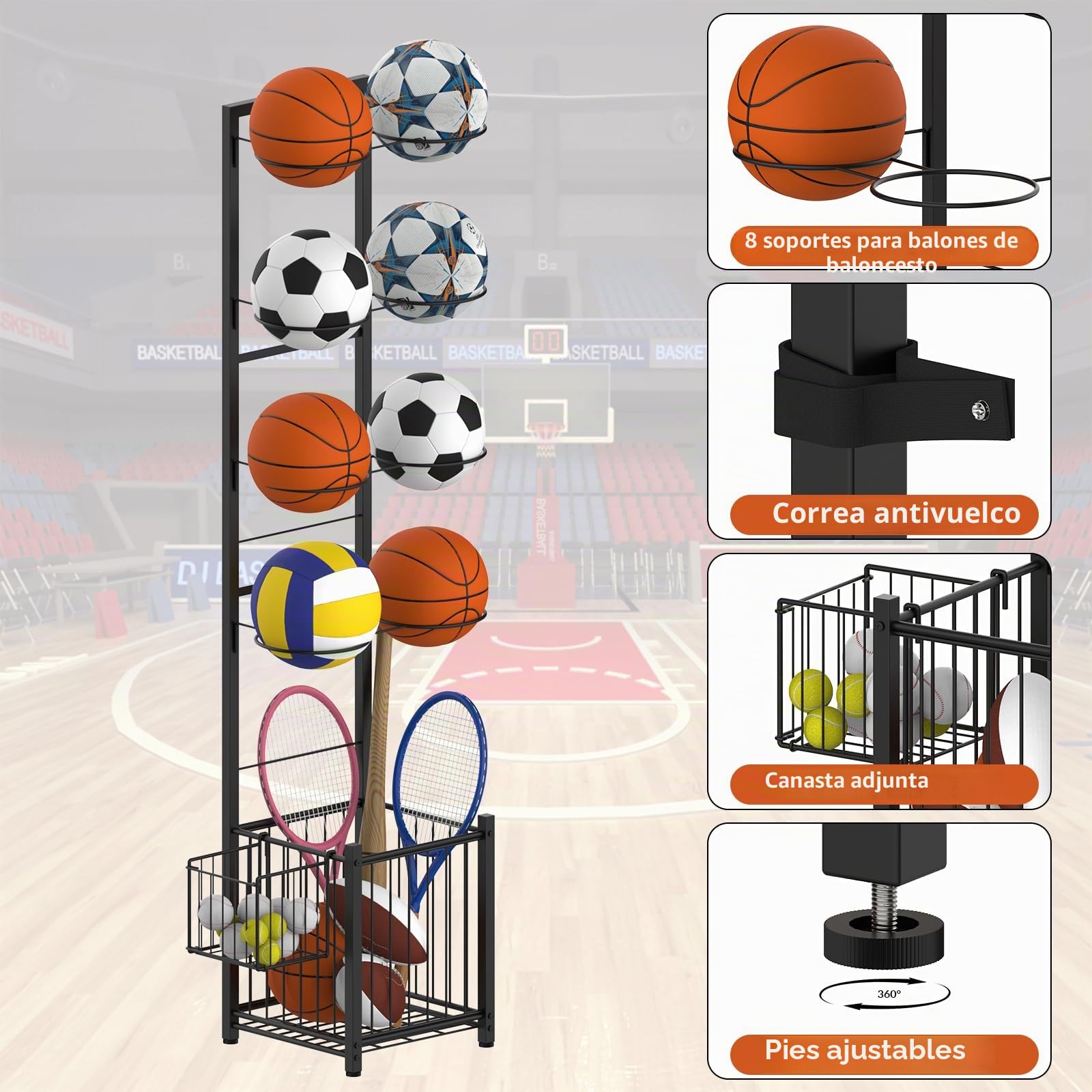CADUKE Almacenamiento de baloncesto y deportes, estante vertical para 8 pelotas y raquetas, ideal para garaje, interior y exterior
