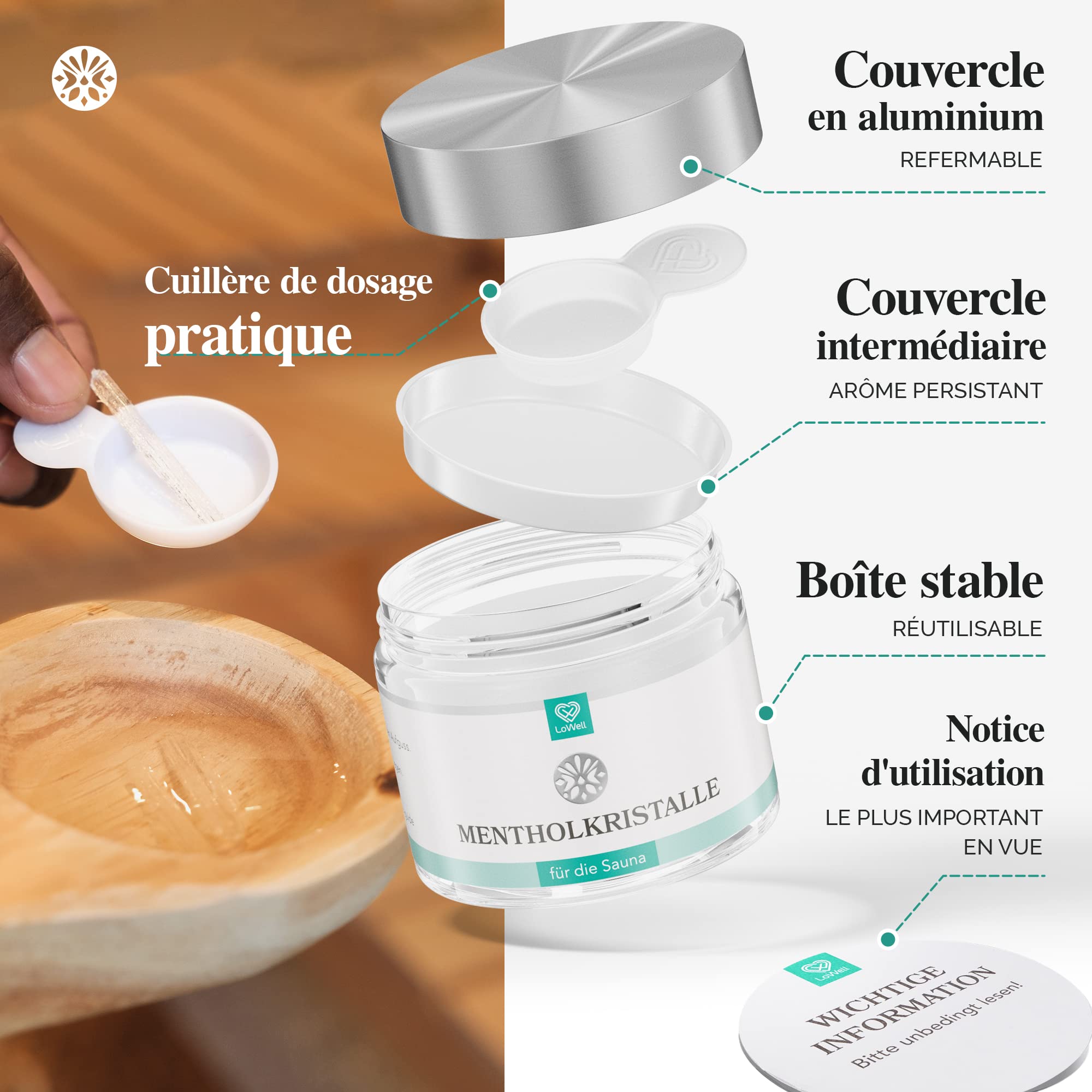 LoWell® 100g Cristaux de menthol 100% menthe pure - Idéal comme infusion pour le sauna dans une boîte refermable - Menthol