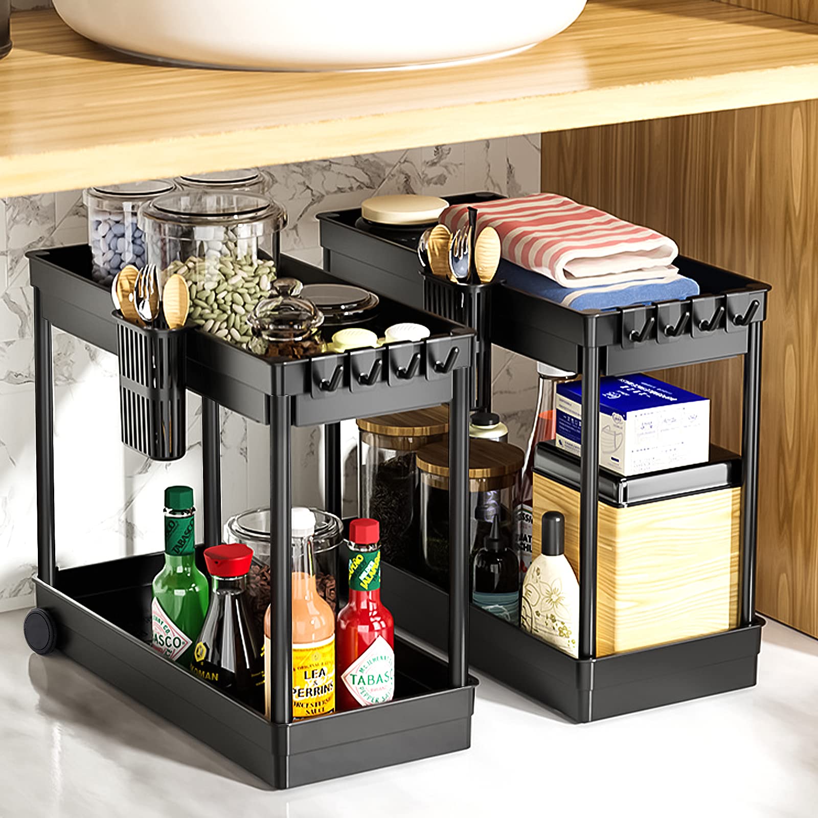 2 pezzi Organizer Sottolavello Cucina,Organizzatore sotto il lavandino a 2 livelli con 8 Ganci e 4 Tazza appesa porta detersivi sottolavello ripiani cucina salvaspazio Cucina Bagno Cosmetici
