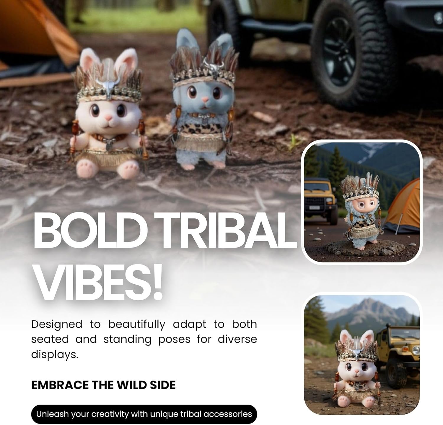 Handmade Boho Outfit for 6.5in Collectible Plush Dolls – Mini Fringe Skirt, Beaded Jewelry & Feather Headdress, Custom Doll Clothes for Display (Doll Not Included)(Savanna Explorer Outfit)