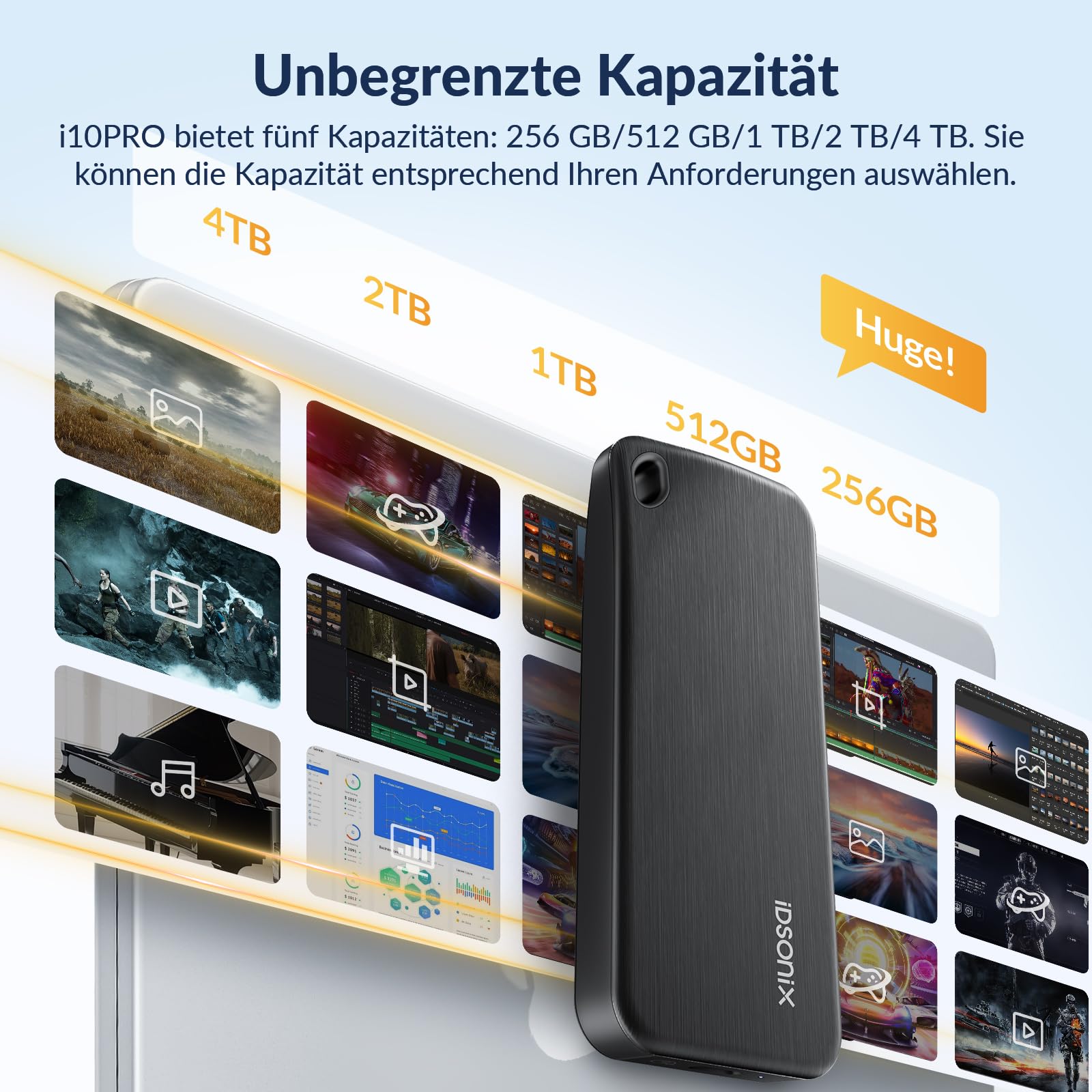 iDsonix Portable SSD 1TB Externe Festplatte, USB 3.2 GEN 2 bis zu 1000 MB/s Externes Solid State Drive mit 2-in-1 USB-C-Kabel Kompatibel mit Xbox, PS5, Mac, PC, Laptop, Kamera (i10PRO)