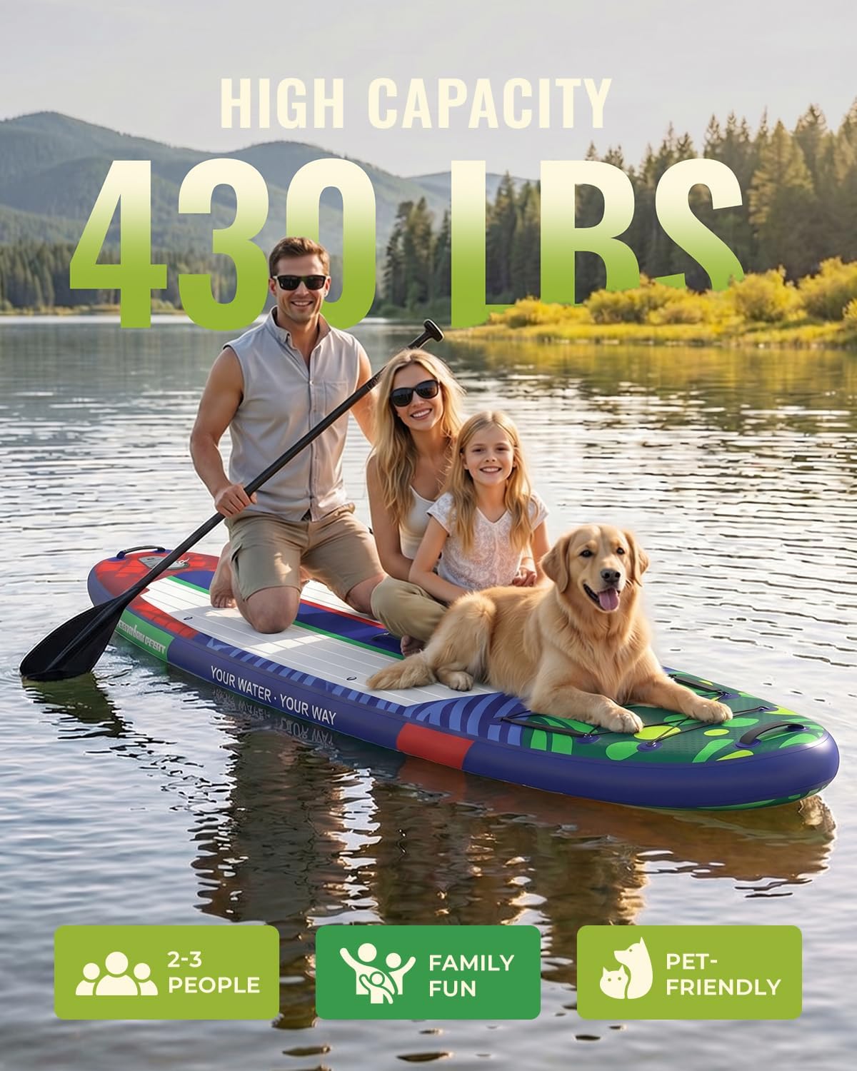 11'x34 Inflatable Paddle Board for Adults Youth, Extra Wide 430LBS Capacity SUP, Stable 2-3 Person Family for Lake Ocean Fishing Surfing Yoga, Includes Accessories