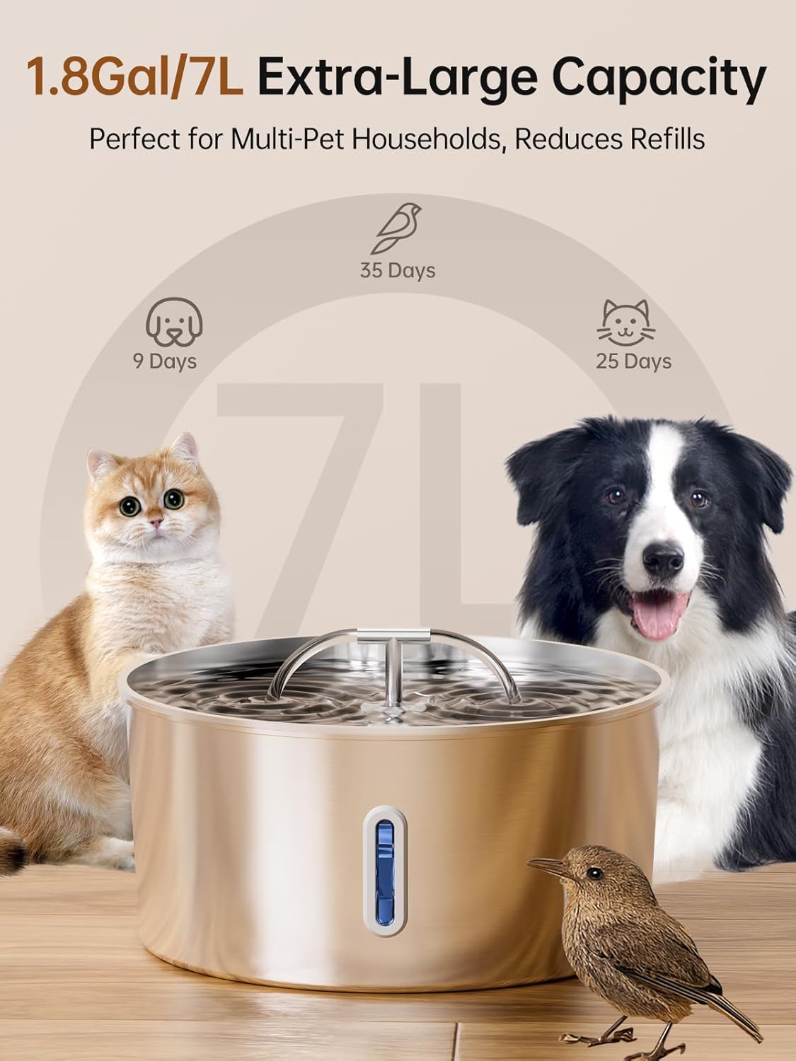 dog water fountain for large dogs, 7l/236oz/1.8g stainless steel dog fountain, large automatic pet drinking bowl dispenser with quiet pump, multiple filtration, dual-stream for cats and dogs indoor 7l pet water fountain