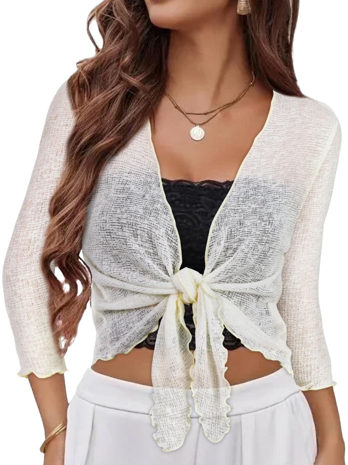 Women Crop Cardigan Sheer Mesh Bolero Shrug for Dress Tie Front 3/4 Sleeve Tops