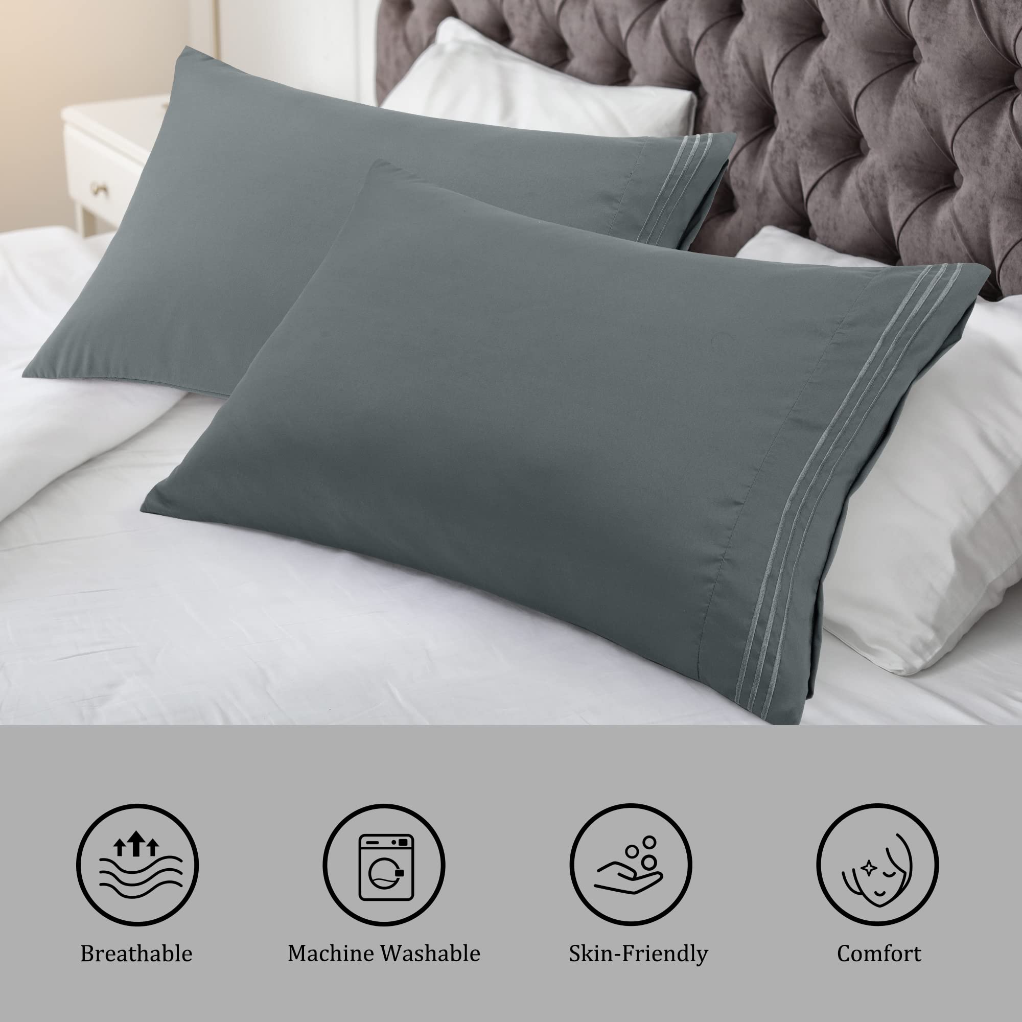 PiccoCasa Brushed Microfiber Pillowcases 2 Pack Soft Breathable Pillow Covers with Embroidery - Image 2