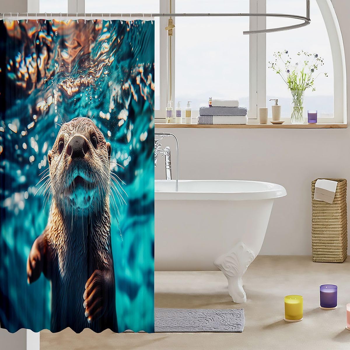 Erosebridal Cute Otter Bathroom Curtain for Kids Boys - Kawaii Underwater Animal Shower Curtain 72" Wx72 L 3D Blue Ocean Otter Bathroom Accessories,Cartoon Funny Style Shower Decor image 3