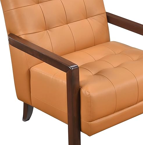 Miniatura 10 de Lexicon Silla decorativa moderna, silla de lujo de cuero genuino con cojines copetudos, marco de madera maciza y reposabrazos, cómodo asiento