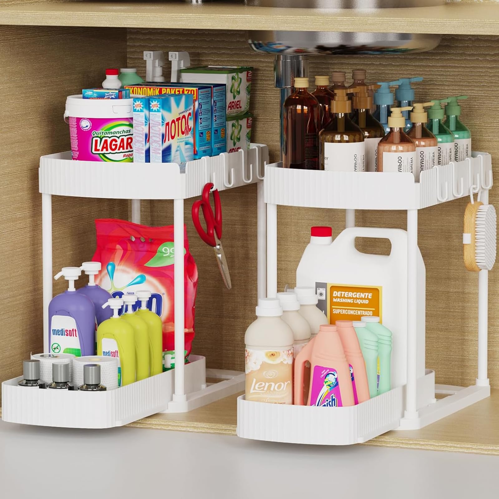 Under Sink Storage 2 Tier Sliding Organiser, Multi-Purpose Shelf Organiser, Pull Out Cabinet Basket Drawer with 4 Hooks for Bathroom & Kitchen, 2 Pack(White)