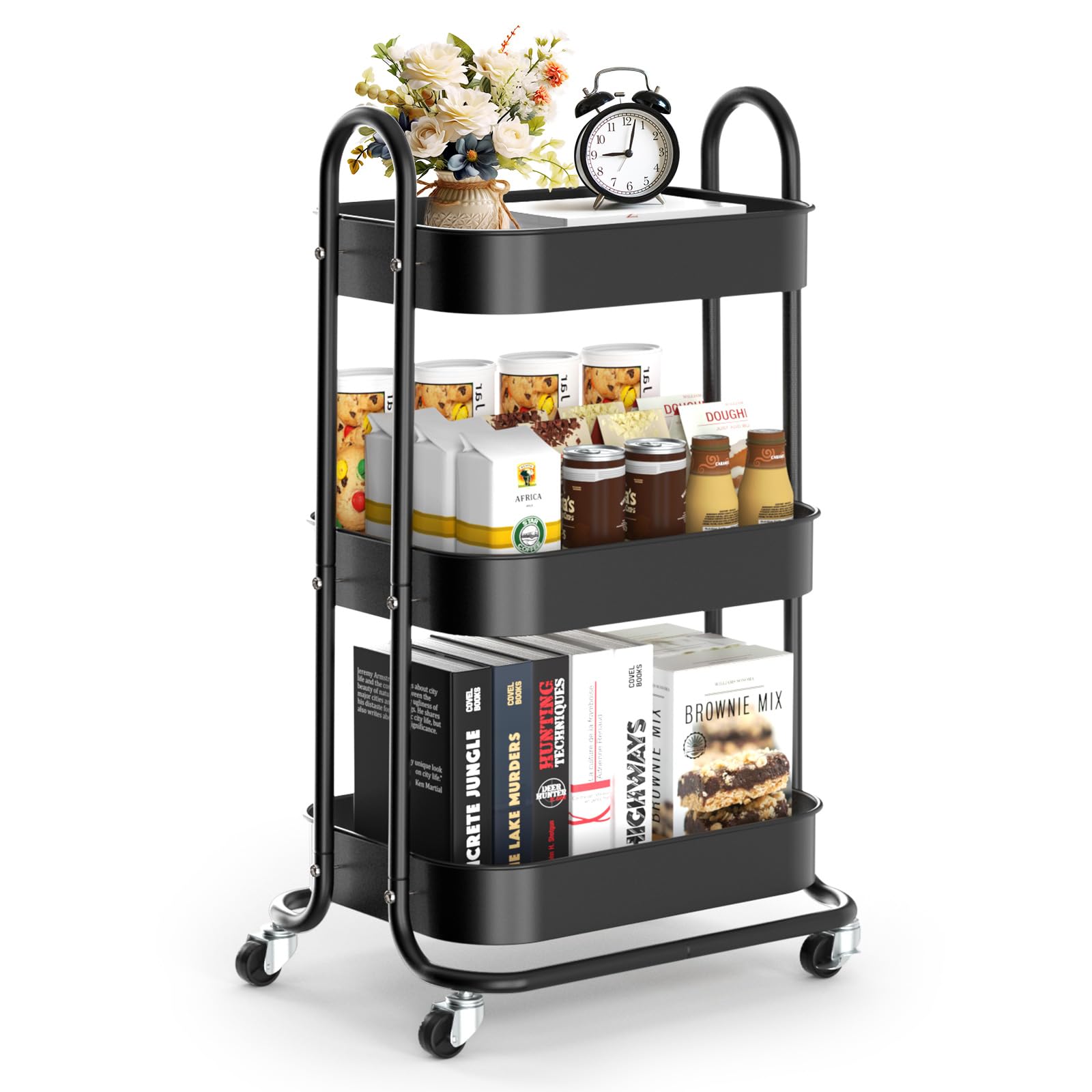 EAGMAK 3 Tier Metal Rolling Cart, Oval Utility Cart with Lockable Wheels, Multifunctional Storage Cart Organizer Trolley with Mesh Shelves for Living Room, Kitchen, Bedroom, Office (Matte Black)