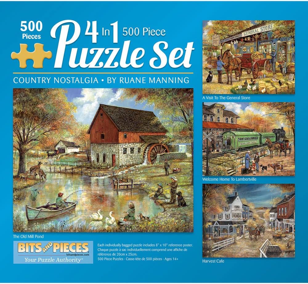 Bits and Pieces 4-in-1 Jigsaw Puzzle Set – 300 & 500 Piece 16" x 20", 1000 Piece 20" x 27" – Country Pond, Harvest Café, Home General Store by Ruane Manning (Four 500 PC Puzzles)