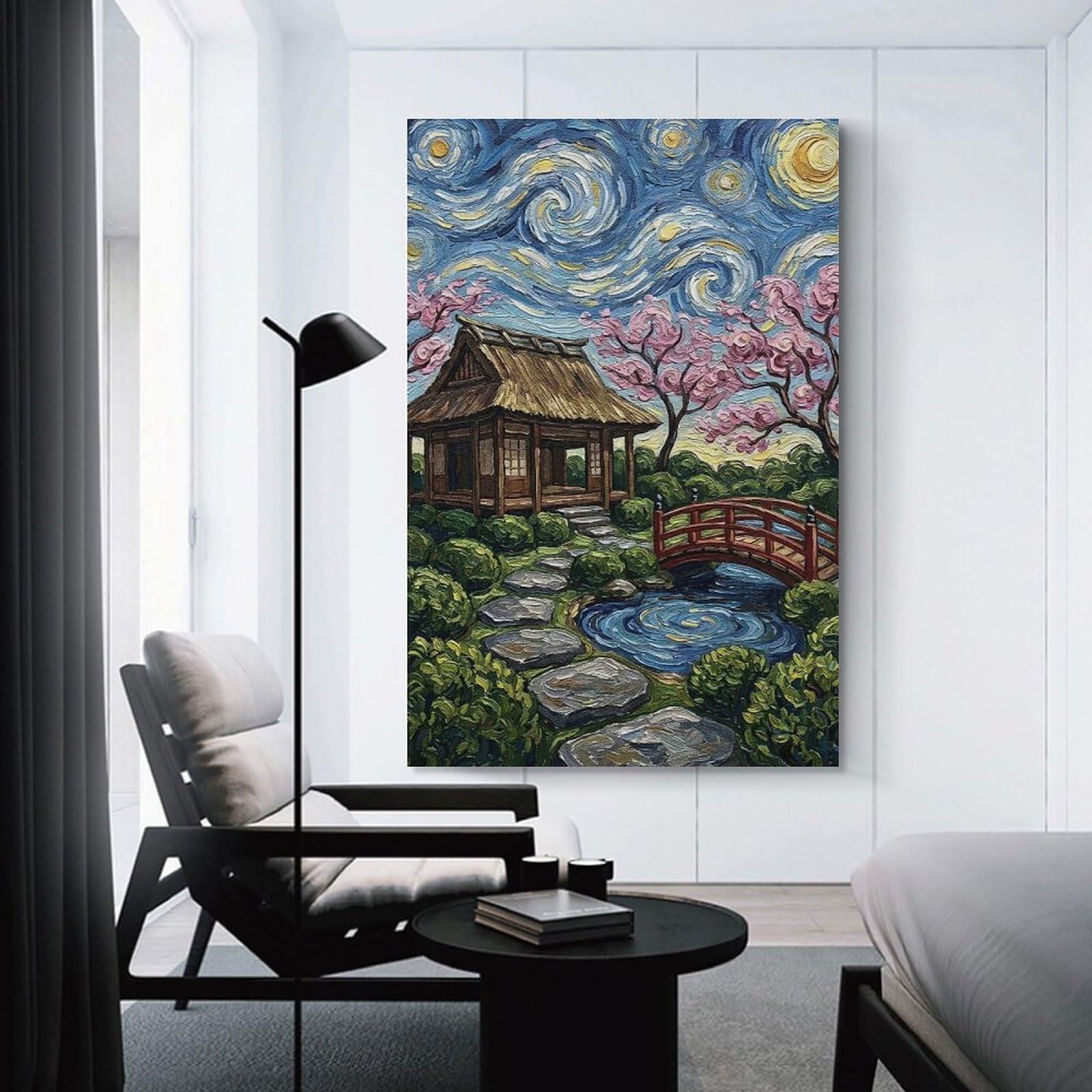 Junmoney Home Decor Wall Art Japanese Garden Under Starry Sky, 24x36inch(60x90cm), for New Homes, Bedrooms Or Workspaces, Decorative Present for New Homes