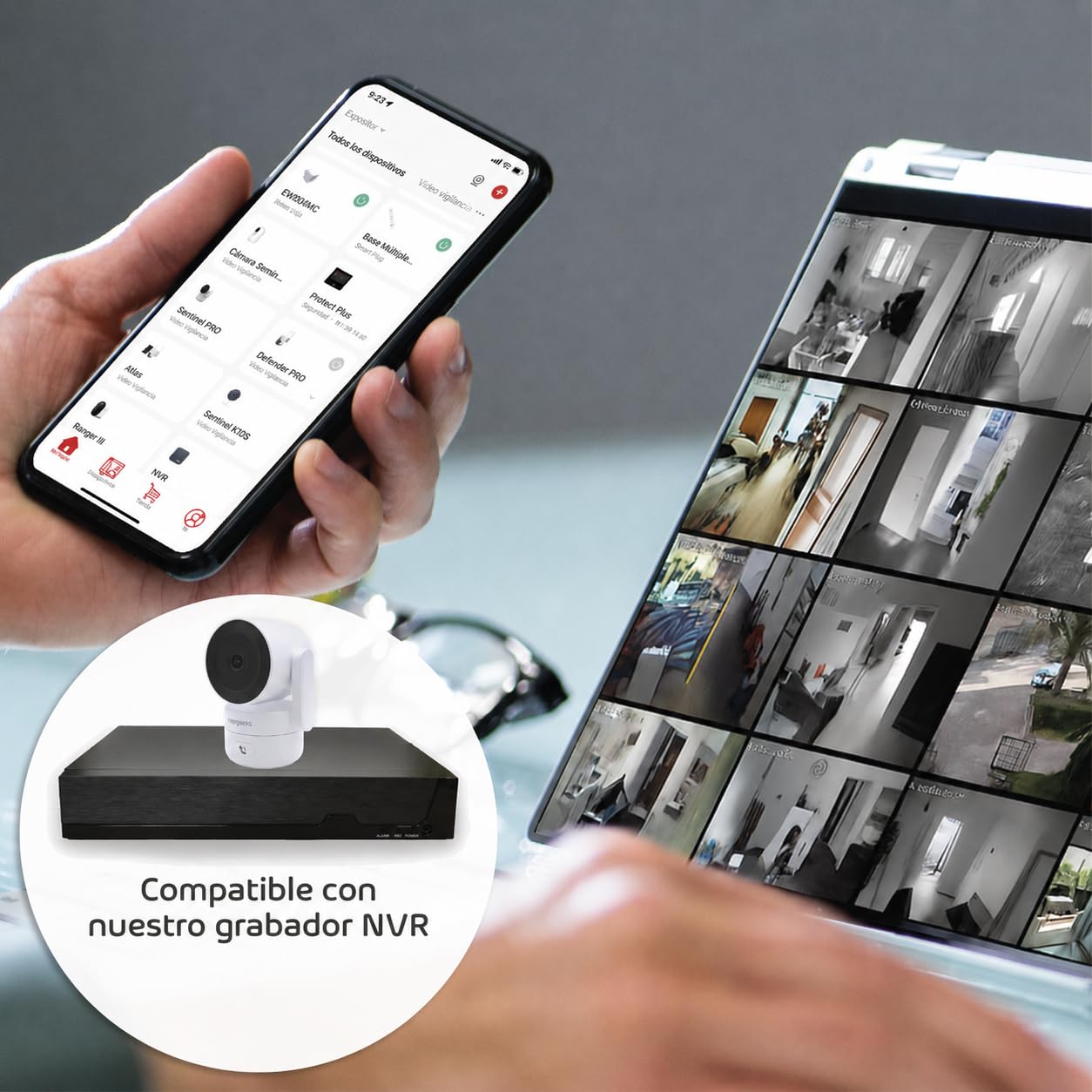 energeeks Sentinel Pro - Cámara IP WiFi Interior 5Ghz y 2,4Ghz - 360º - Resolución 2K Full HD - 4 MP - Detección Movimiento/Sonido - Botón de Llamada - Almacenamiento SD/Nube - ONVIF
