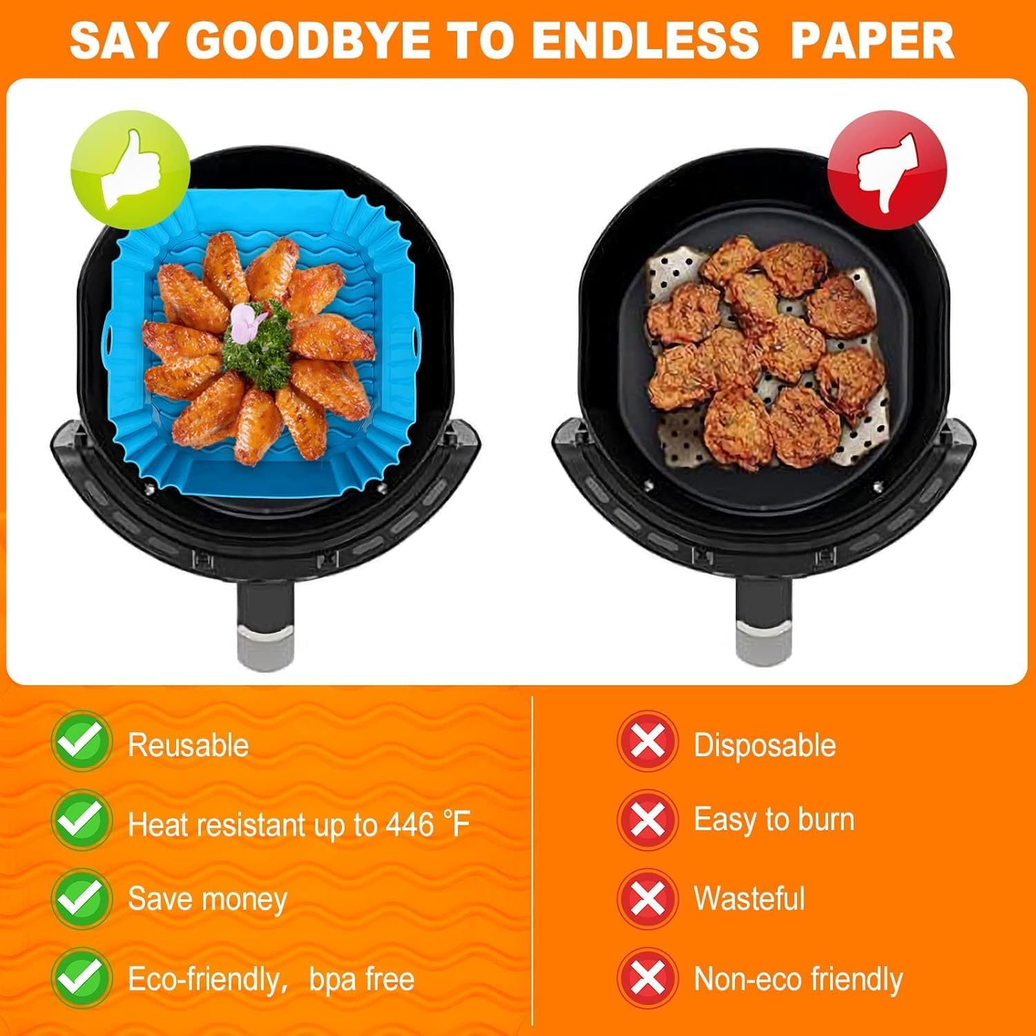 VALTUJA The Complete Air Fryer Package - 2 Air Fryer Liners & Accessories - 8.5 inch (5-9 Qt) Food Grade BPA-Free Reusable Silicone Baskets/Pots/Liners with Oven Mitt 3