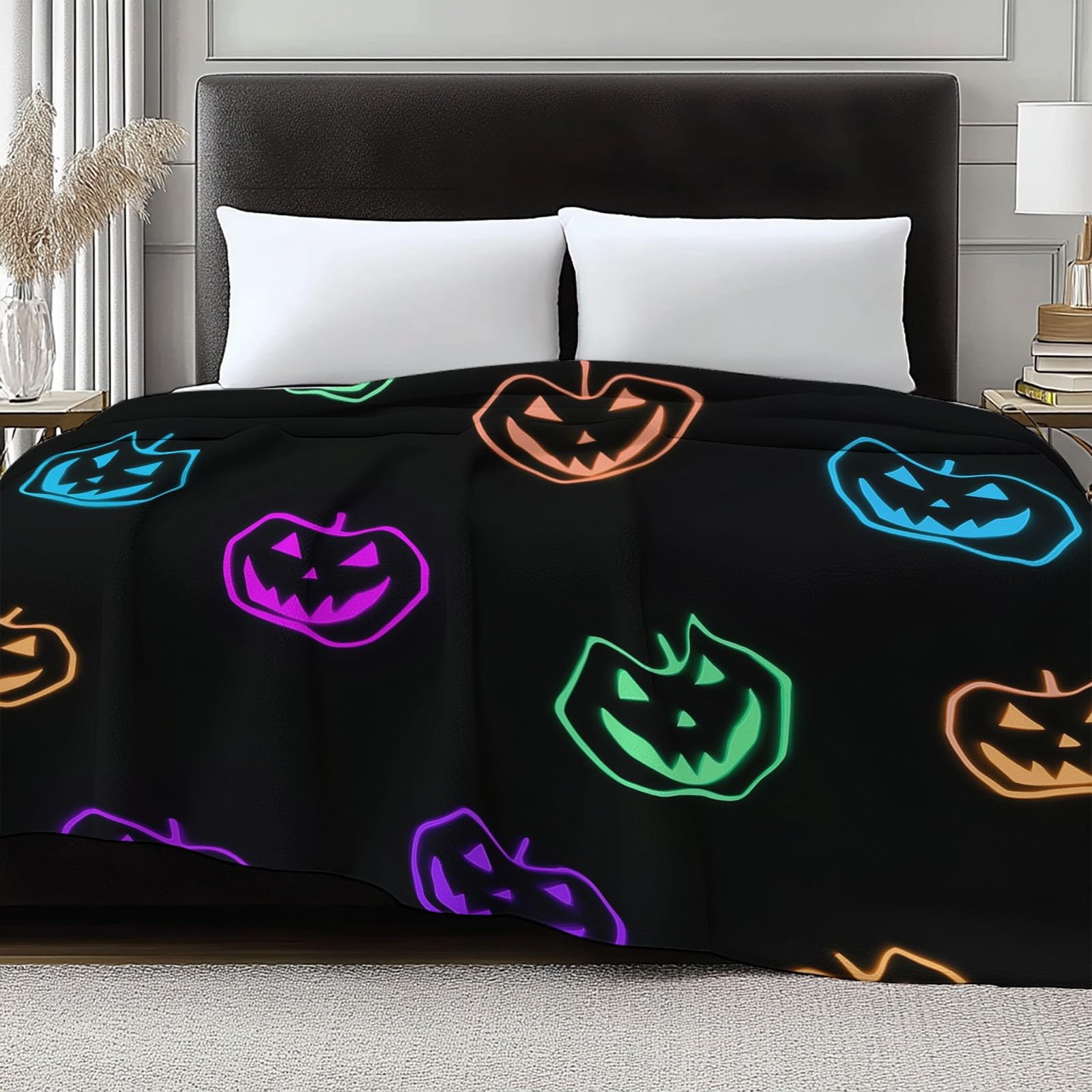 Ultracienki koc flanelowy w stylu kreskówkowym, 220 x 240 cm, pluszowy i ciepły, neonowy, z dynią, uśmiechniętą buźką, lekki koc na łóżko, pościel na sofę, podróż i dla dzieci i dorosłych