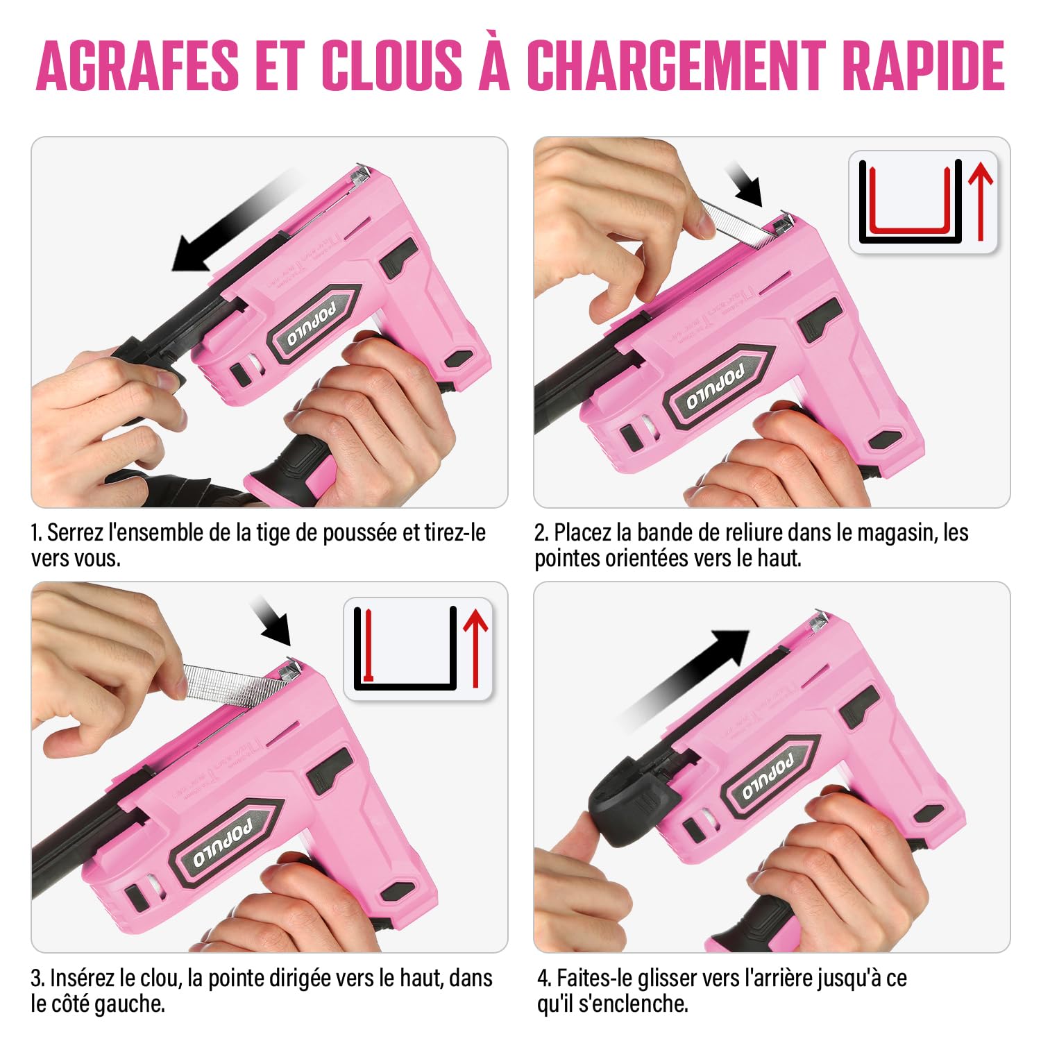 POPULO Agrafeuse électrique 2-en-1 sans fil 4 V lithium-ion avec charge USB-C – inclut arrache-clou, agrafes et clous pour tapisserie, clips, réparation de meubles, moquette et bricolage maison, rose