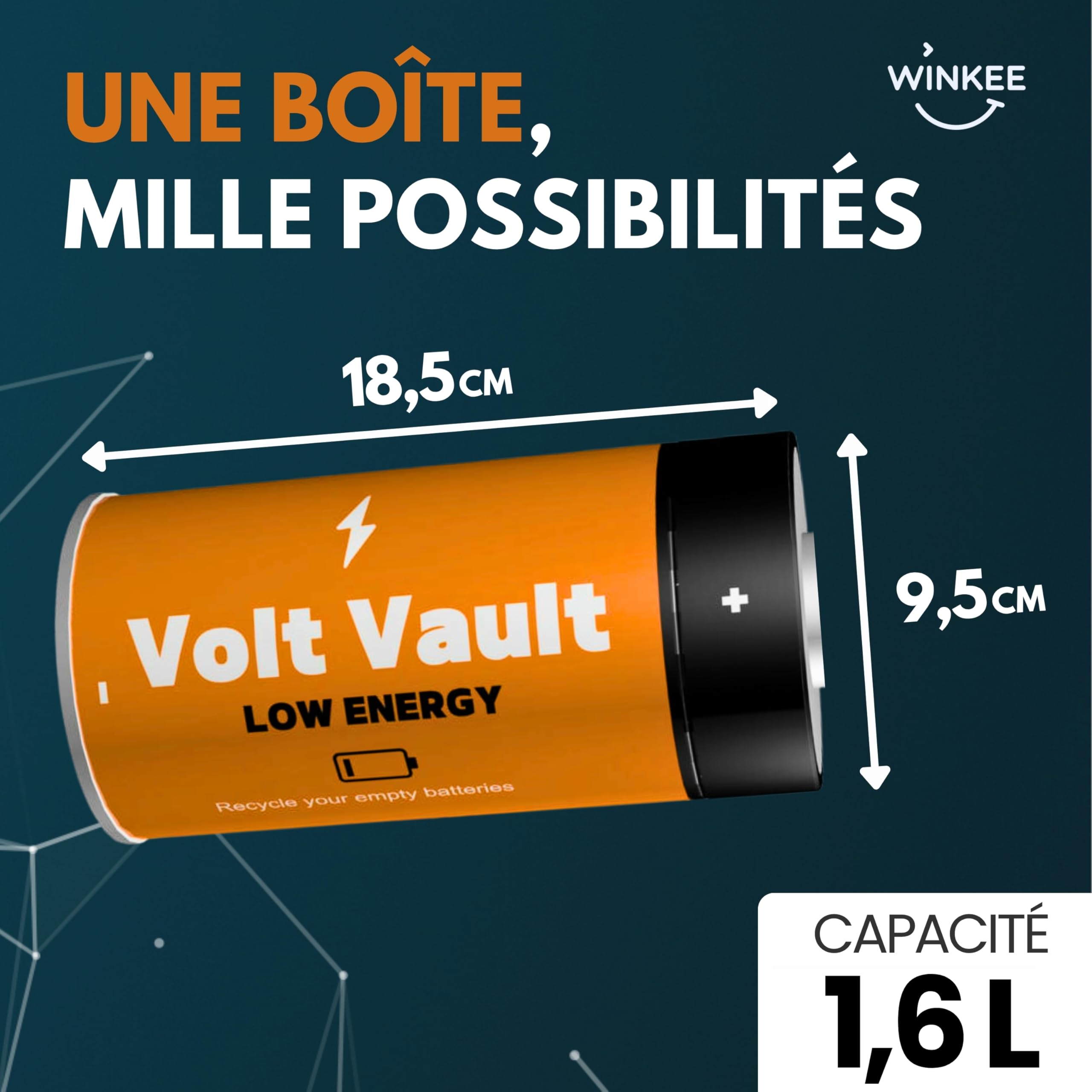 Winkee Boîte Volt Vault - Poubelle de bureau design - Rangement piles usagées - Boîte en métal