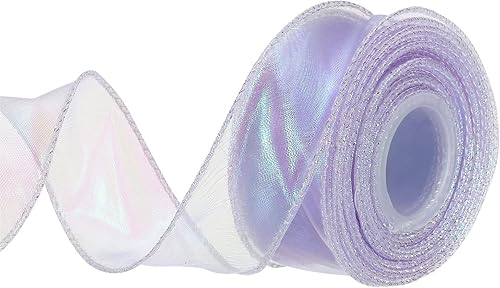 MECCANIXITY Cinta de Organza Transparente con Alambre Brillante de 1 12" de Ancho, Cintas de Gasa Iridiscente con Brillo Pastel, 10 Yardas, Morado