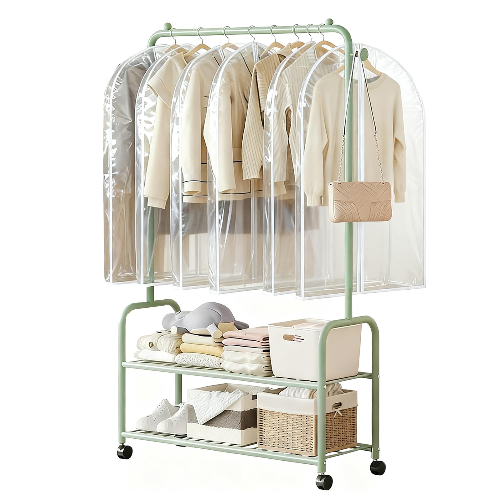 Appendiabiti in metallo resistente con ruote e 5 sacchetti per la polvere, 2 ripiani, per abbigliamento, borse, cappelli, scarpe, verde, 60 x 30 x 165 cm, soluzione portatile di archiviazione