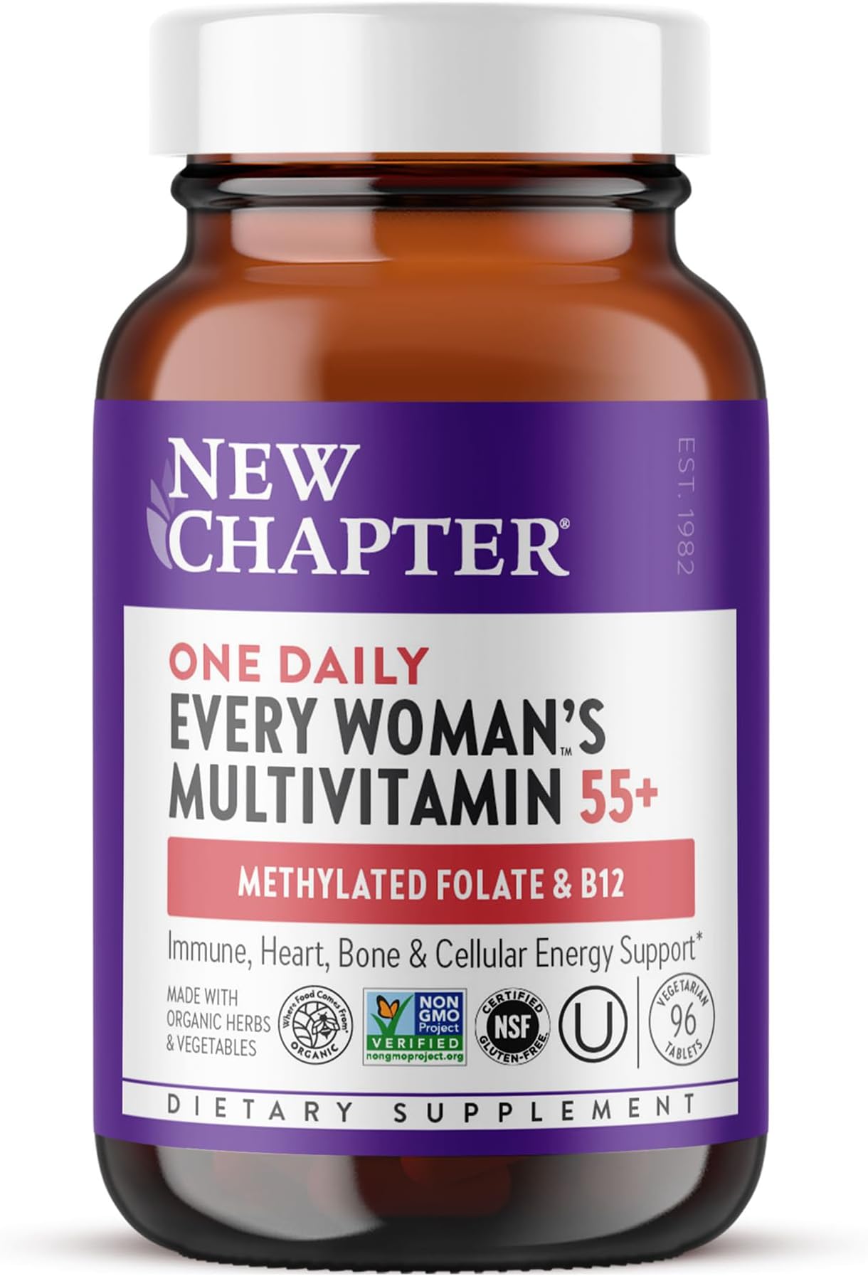 New Chapter Women's Multivitamin 55 Plus for Cellular Energy, Heart & Immune Support with 20+ Nutrients + Astaxanthin - Every Woman's One Daily 55+, Gentle on The Stomach, 96 Count