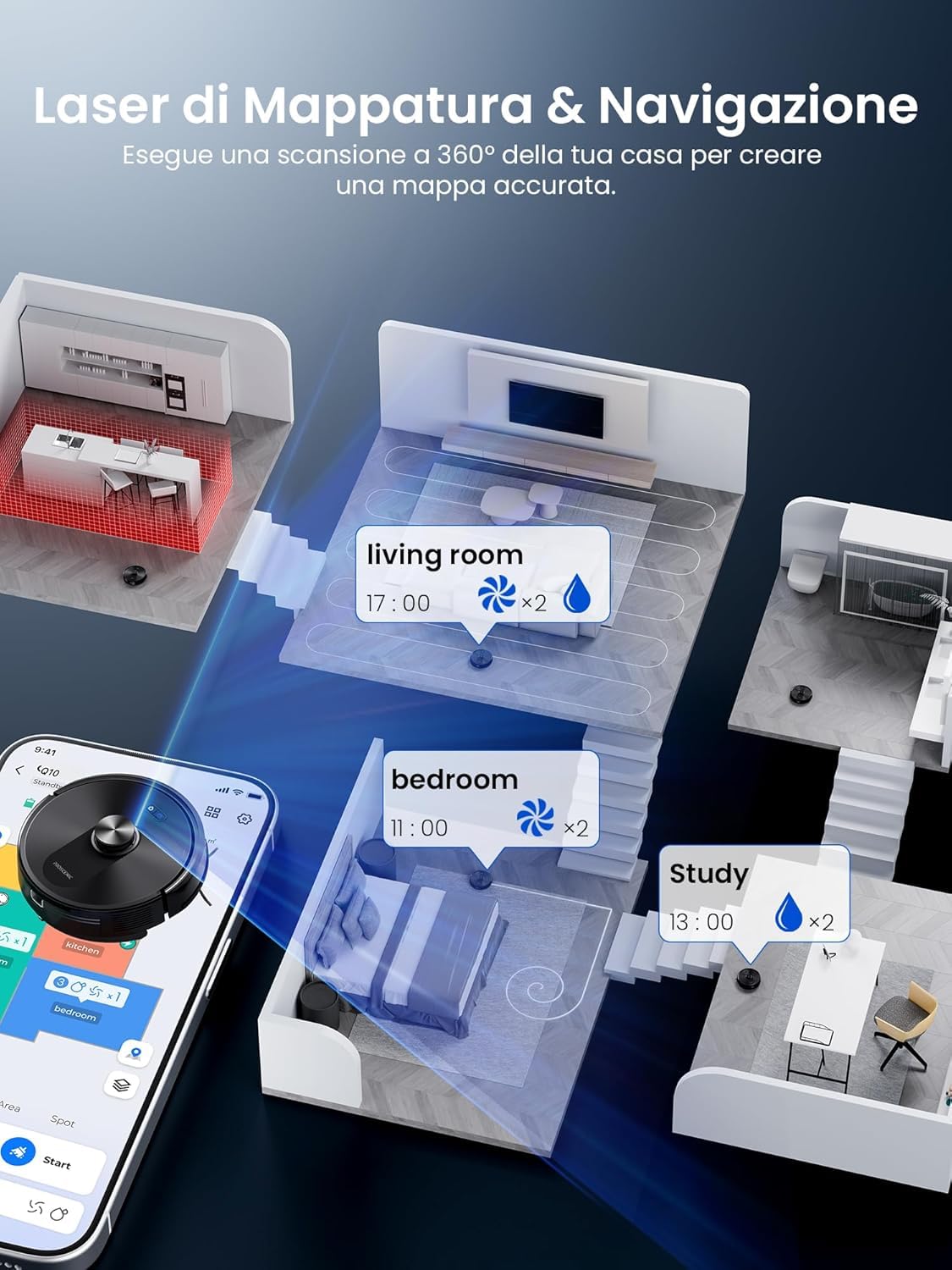Proscenic Q10 Robot Aspirapolvere Lavapavimenti con Mappatura, Robot Pavimenti 10000Pa 200min, LiDAR Intelligente, Controllo APP/Alexa/WiFi/Siri/IFTTT, Ideale per Pulizia Domestica/Peli Animali