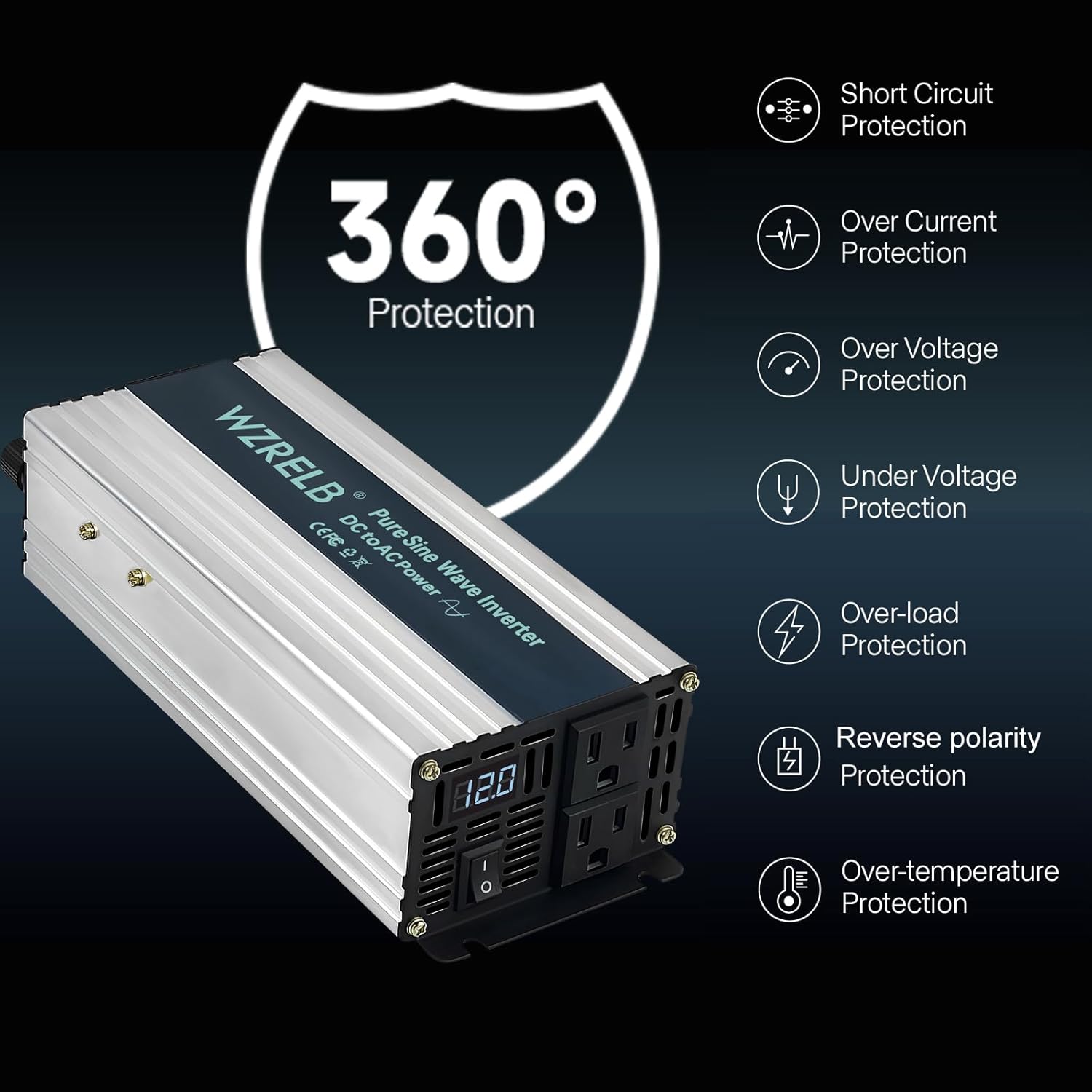 WZRELB 1000W Pure Sine Wave Inverter with 360 degree protection features