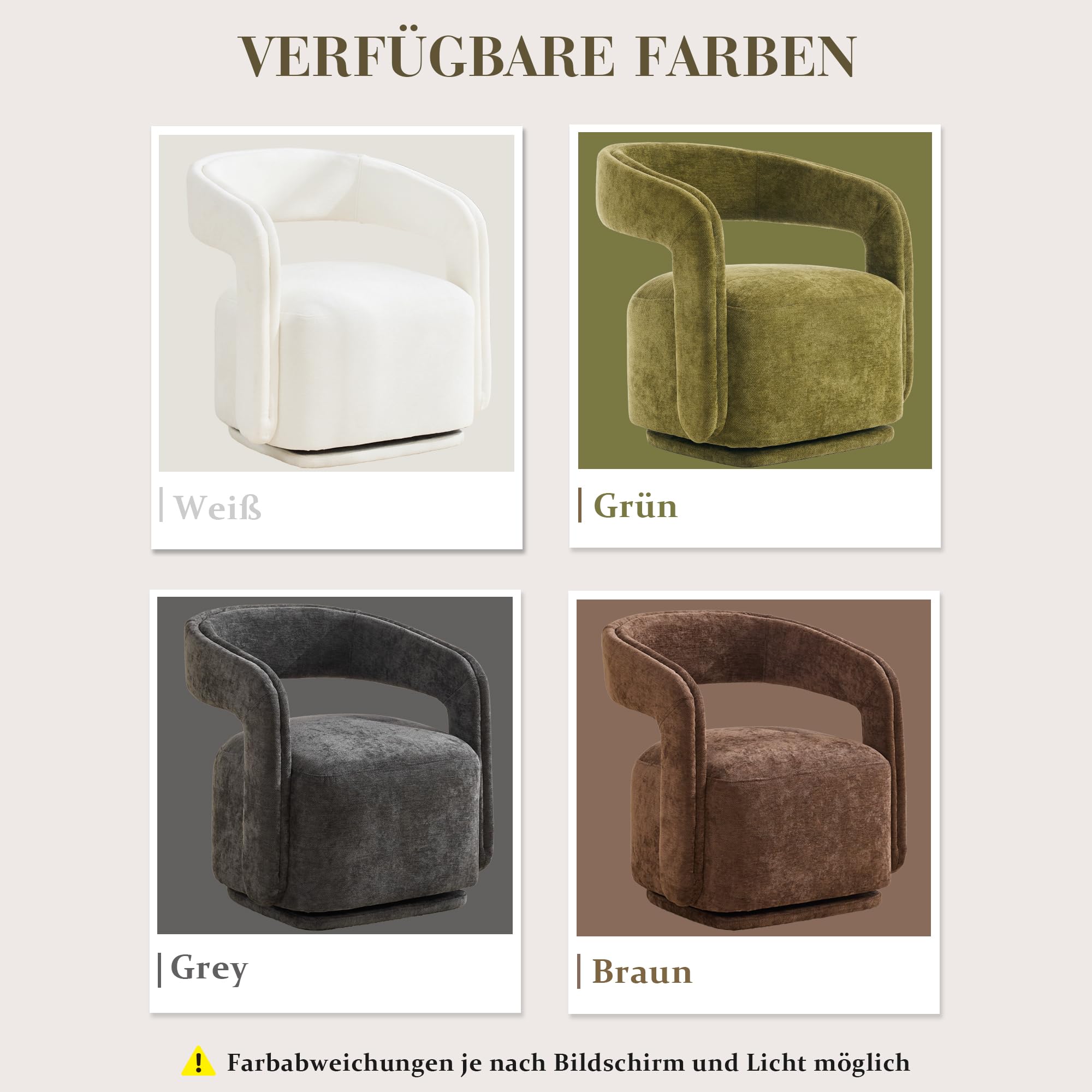 DEKKETO 360° Drehbarer Polstersessel, Chenille Lounge Sessel mit Großer Sitzfläche und Geschwungener Rückenlehne, Moderner Drehsessel für Wohnzimmer, Schlafzimmer, Weiß