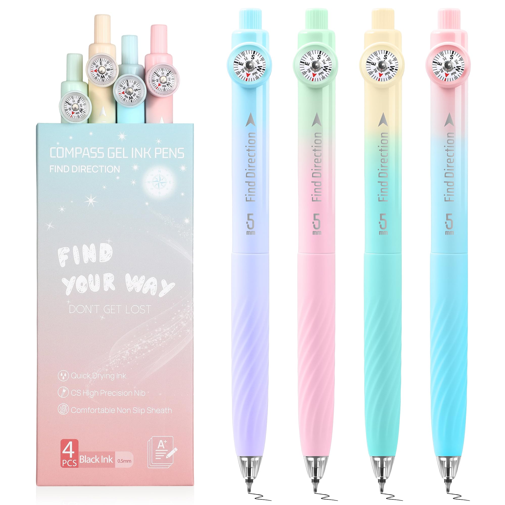 miikoul Retractable Gel Pens, Quick Dry Black Ink 0.5mm Fine Point Smooth Writing Fun Ballpoint Pens with Compass, Comfort Grip for Journaling, Note