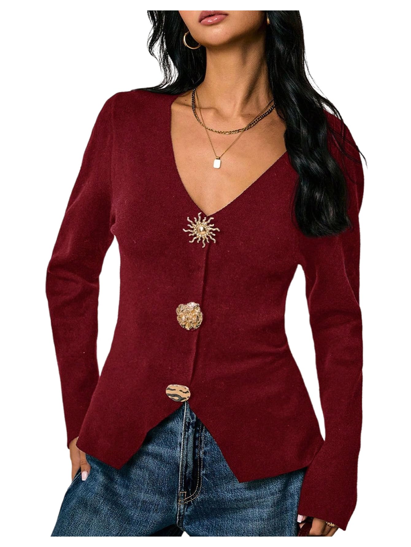 MakeMeChic Womens Metal Button Down Sweater Cardigan Long Sleeve Knitted Cardigan