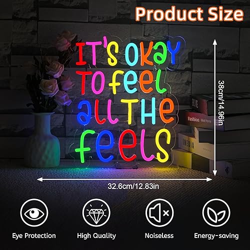 Miniatura 3 de JURONG Está Bien Sentir Todas las Sensaciones Letreros de Neón para Decoración de Pared, Letreros de Luz de Neón LED Atenuables, Alimentados por