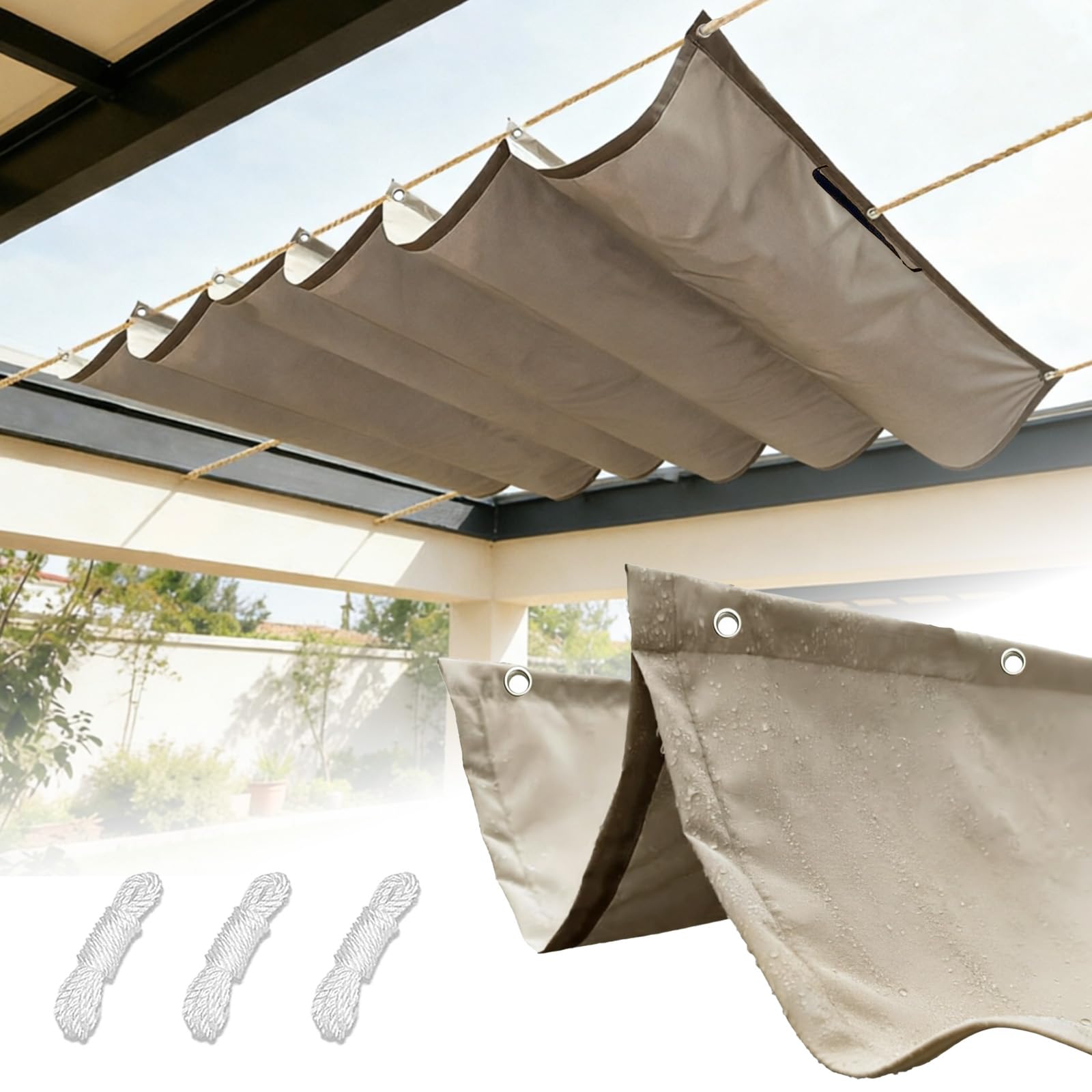 Retractable Wave Sun Shade Sail with Eyelets and Rope, Waterproof Rectangle Garden Canopy, Uv Block Tearproof Patio Awning for Outdoor-Khaki||200x200cm(79x79in)