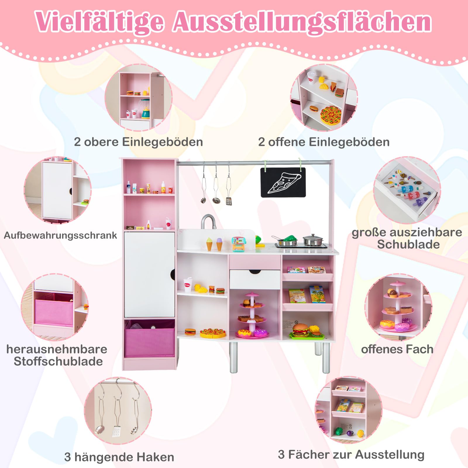 COSTWAY 2 in 1 Kinderküche & Kaufladen, Spielküche mit Licht und Sound, interaktiver Eismacher & Tafel, inkl. 82 Zubehörteile, doppelseitig, Spielzeugküche für Kinder ab 3 Jahren