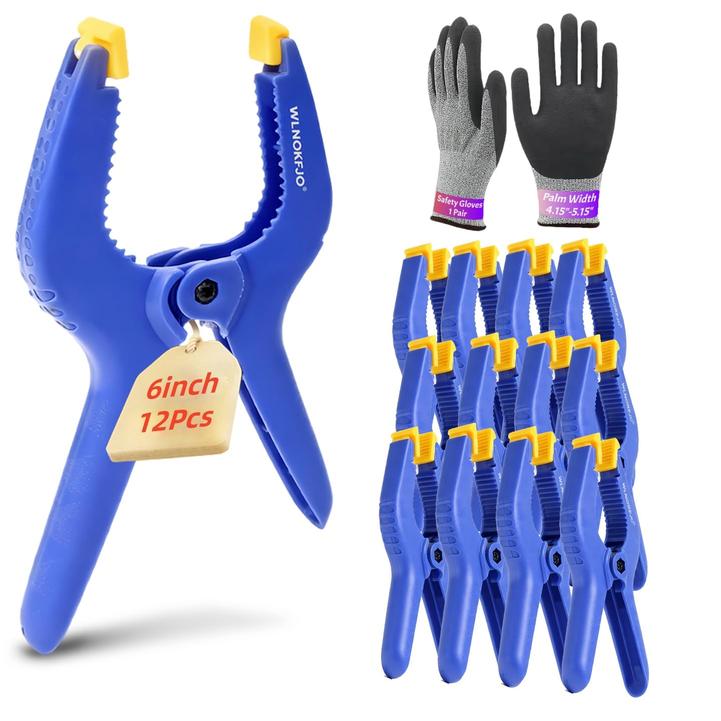 Abrazaderas de resorte de 6 pulgadas resistentes, paquete de 12 abrazaderas de plástico grandes y guantes de trabajo de seguridad para carpintería, manualidades, telón de fondo y cubierta de