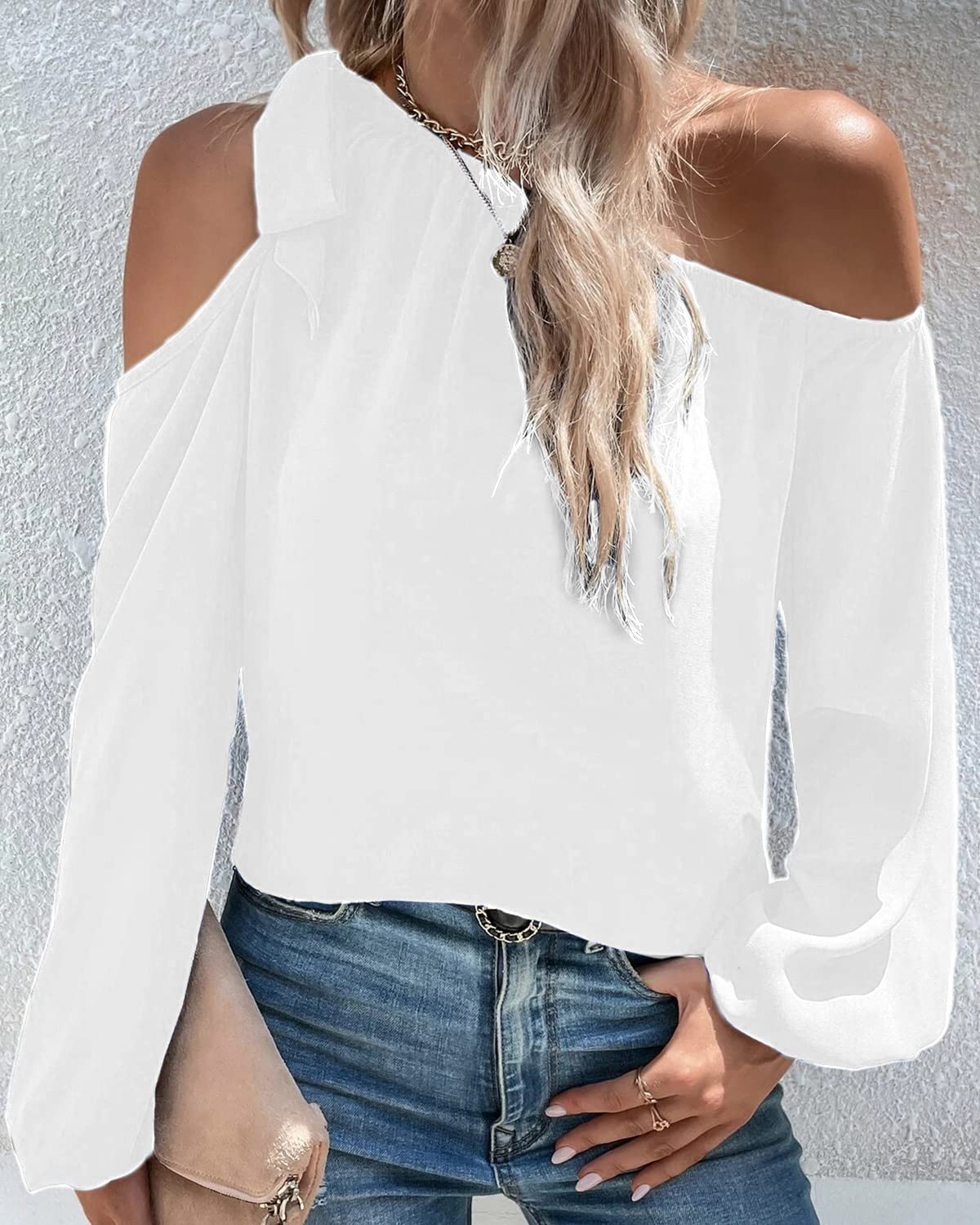 Bengbobar Women's Fashion Summer Off Shoulder Blouse Solid Color Long Sleeve Chiffon Tunic Tops Large White