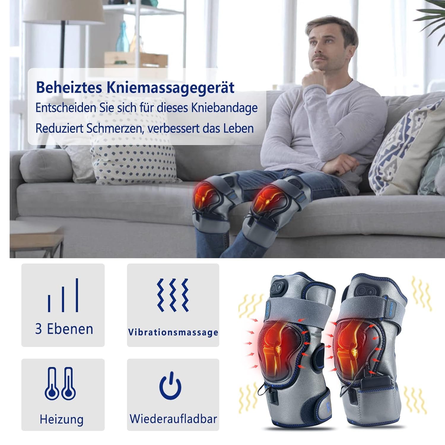 HONGJING Beheiztes Knie Massagegerät Wiederaufladbar zur Linderung von Arthritis, Gelenkschmerzen, 3 einstellbare Vibrationen und Wärme (1 Paar)