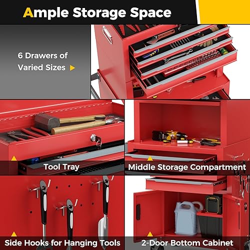 Miniatura 6 de Goplus Cofre de Herramientas, 6 Cajones 3 en 1 Gabinete de Almacenamiento de Herramientas Extra Grande con Ruedas Universales Bloqueables de 4",
