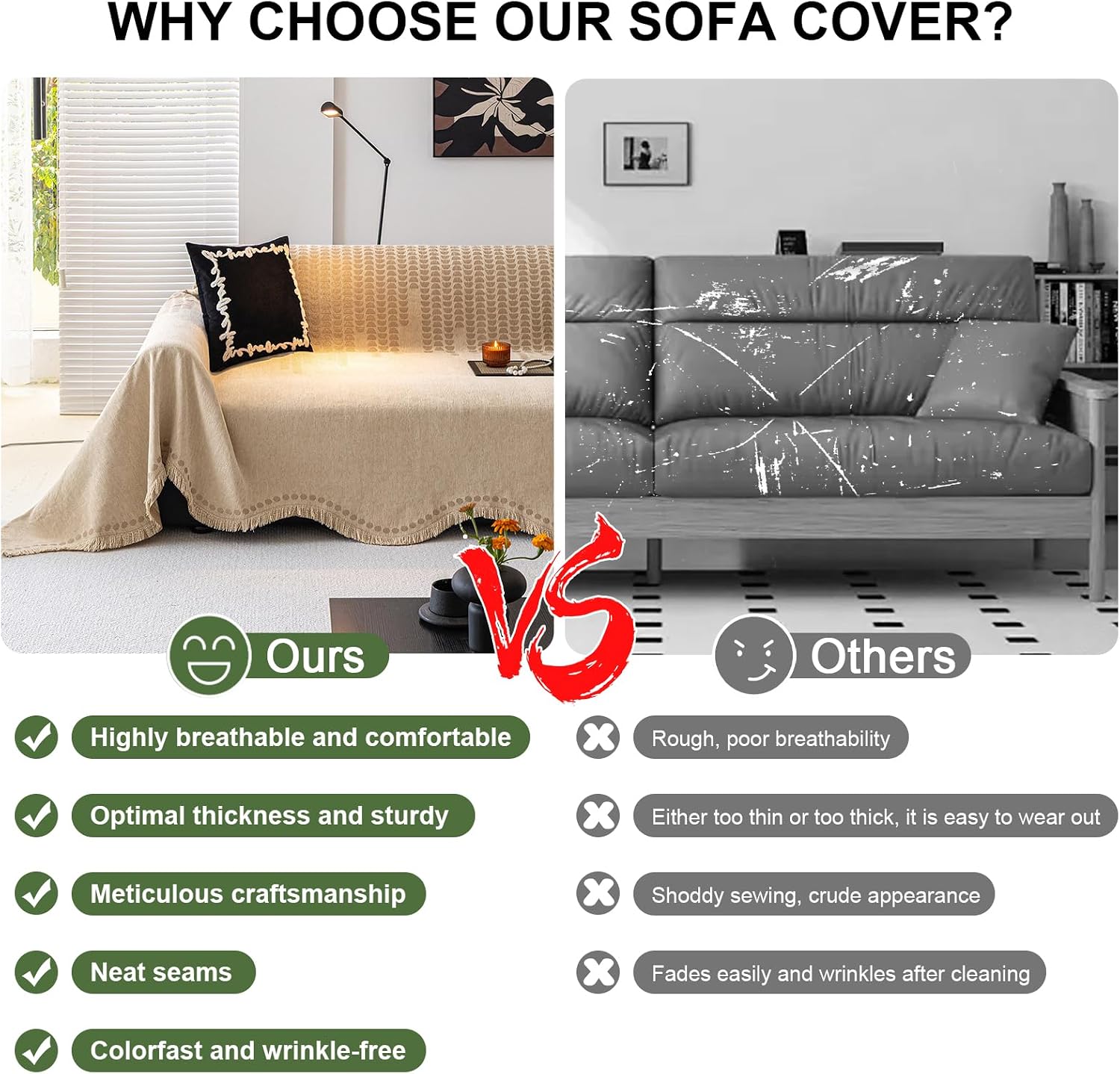 ROOMLIFE Couch Cover Sofa Covers, Chenille Couches Covers for 3 Cushion Sofas, Non Slip Soft Breathable Sofa Slipcovers for Pet, Washable Furniture Protector with Tassel,71''X134” Khaki