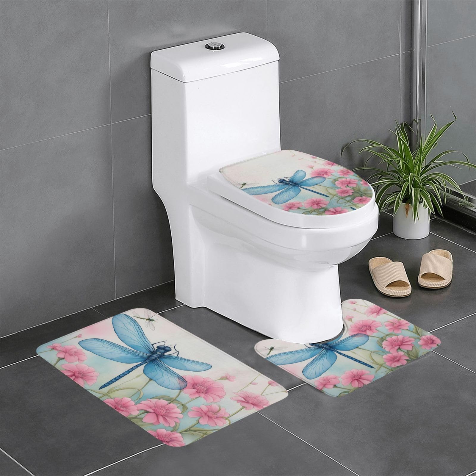Tapis de salle de bain antidérapants motif fleurs roses contour WC ovale et rectangulaire