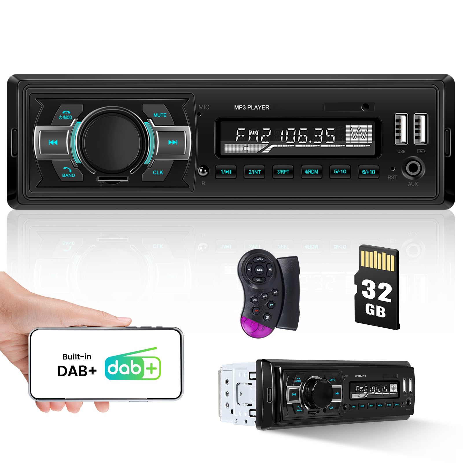 CAMECHO DAB/DAB+ Bluetooth 5.0 FM 7 Colors with 1 Din Car Stereo Handsfree Bluetooth Stereo Single Din Radio with USB/32G SD Card/MP3 Player, Support Digital Radio Audio Recording