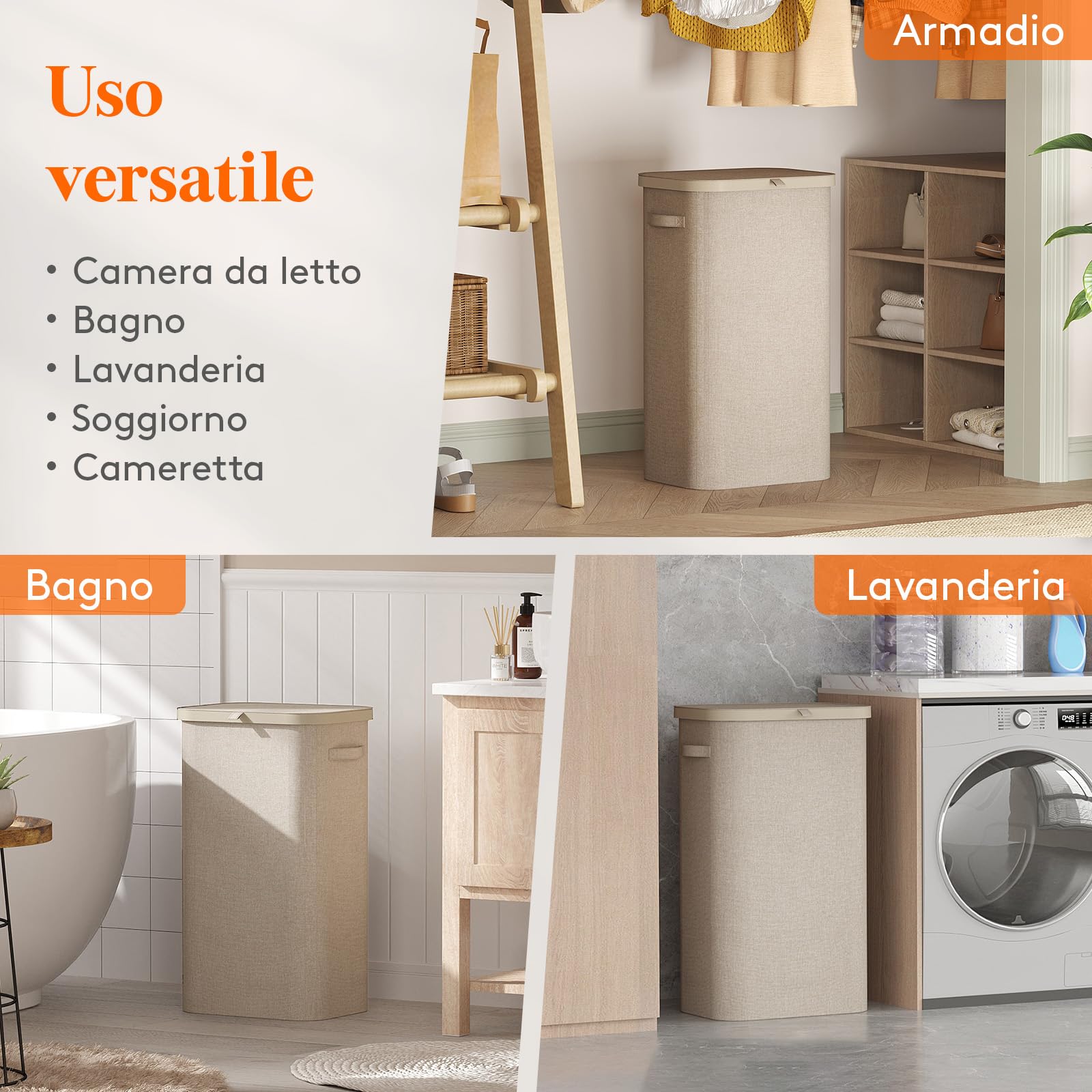 Lifewit Cesto Portabiancheria, Cesta Panni Sporchi con coperchio, Laundry Basket con Plastica Manici, Porta Biancheria Sporca per Bagno, Lavanderia, Camera da Letto, 105 L, Beige
