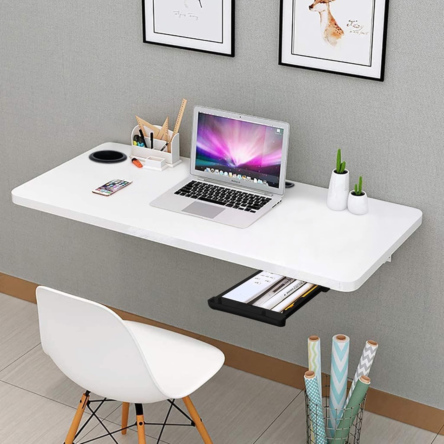 Torche 18x31 Inch Wall Mounted Folding Round Corner Study Table with Drawer & Cup Holder—Foldable Laptop Desk for Home & Office, Space-Saving & Stylish