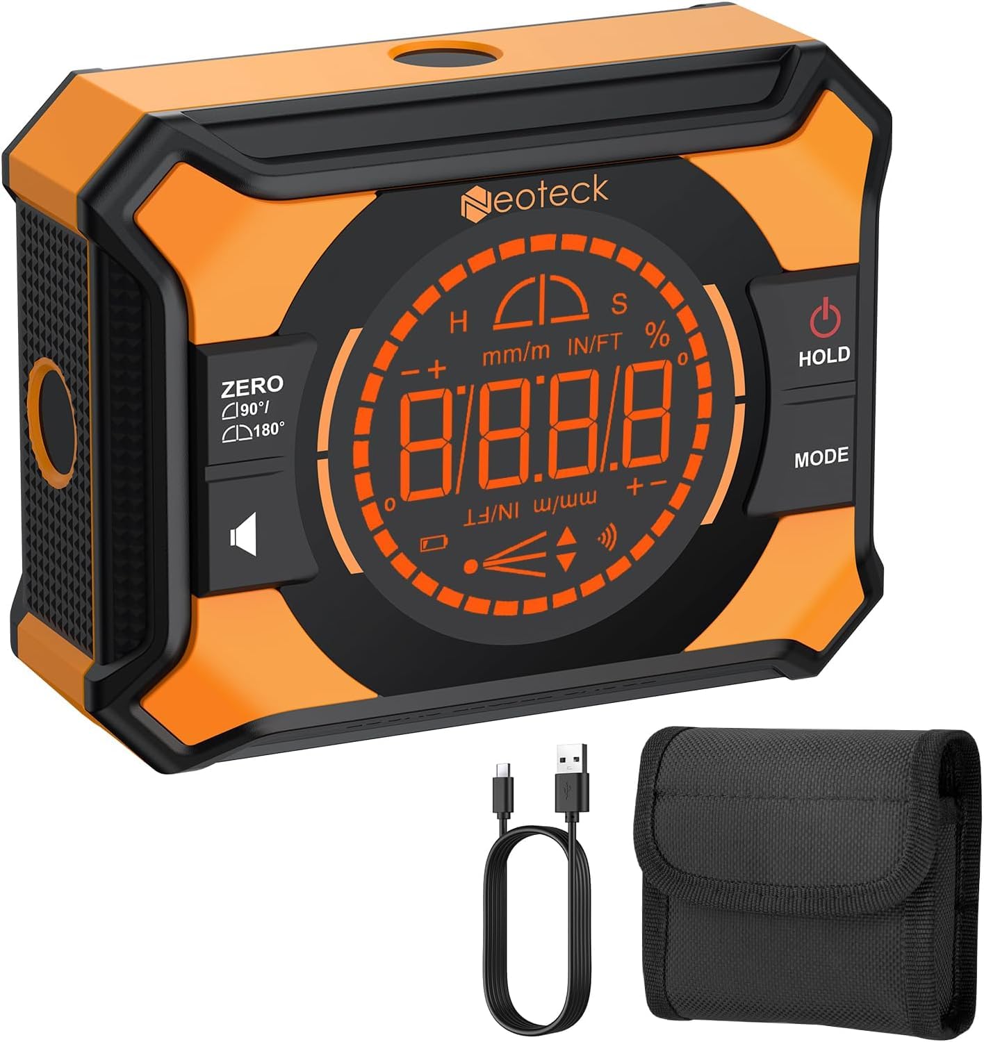 Neoteck Inclinometro Digital 4×90°/2x180° Transportador Digital con Pantalla LED y Alerta Sonora Buscador de Ángulo Recargable con Fondo y Parte Trasera Magnéticos para Carpintería Construcción