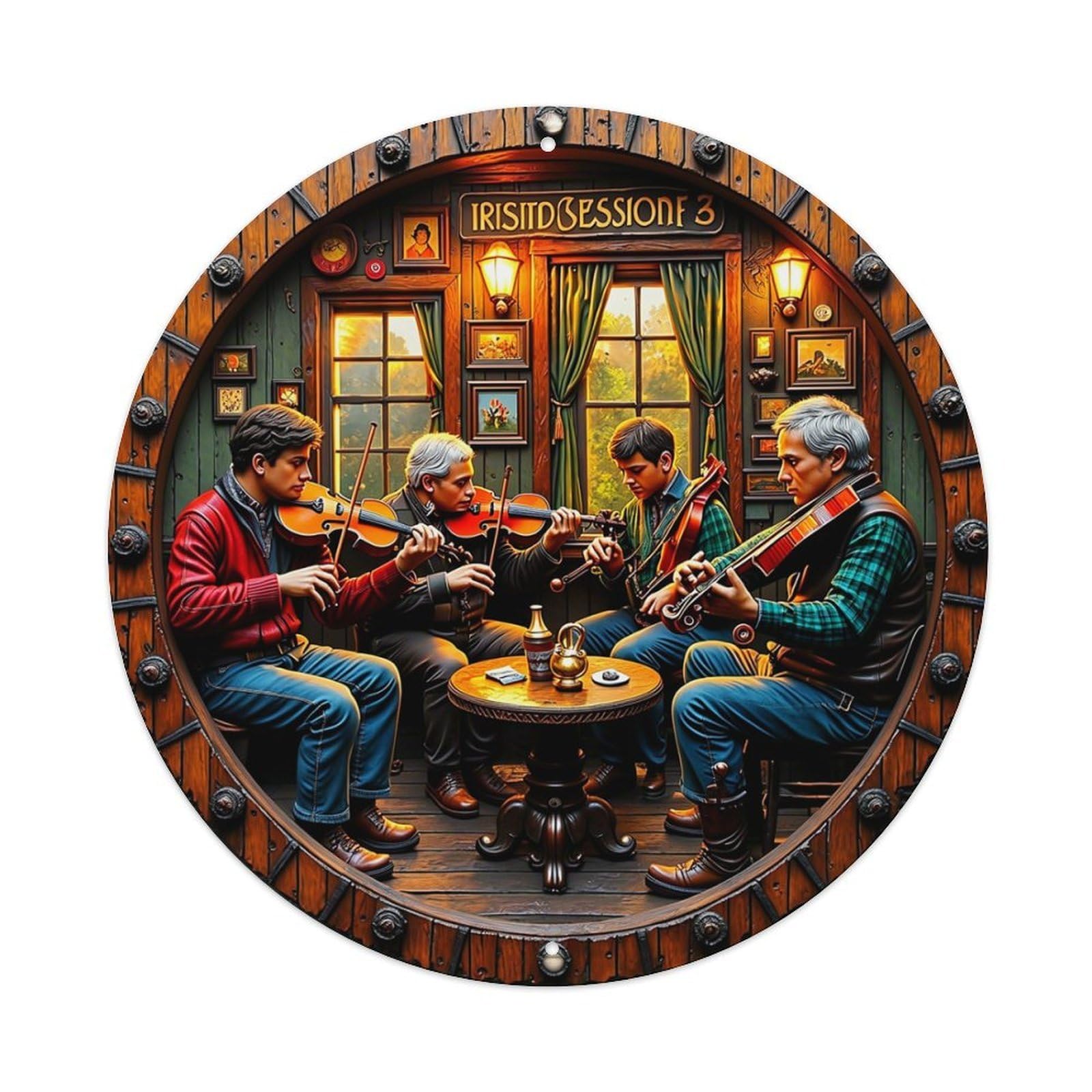 Irish Music Session Scene Retro Metal Sign Round Tin Sign, Vintage Decor Art Poster for Bar, Home, Man Cave, Kitchen, Laundry Room Gift 8x8Inch