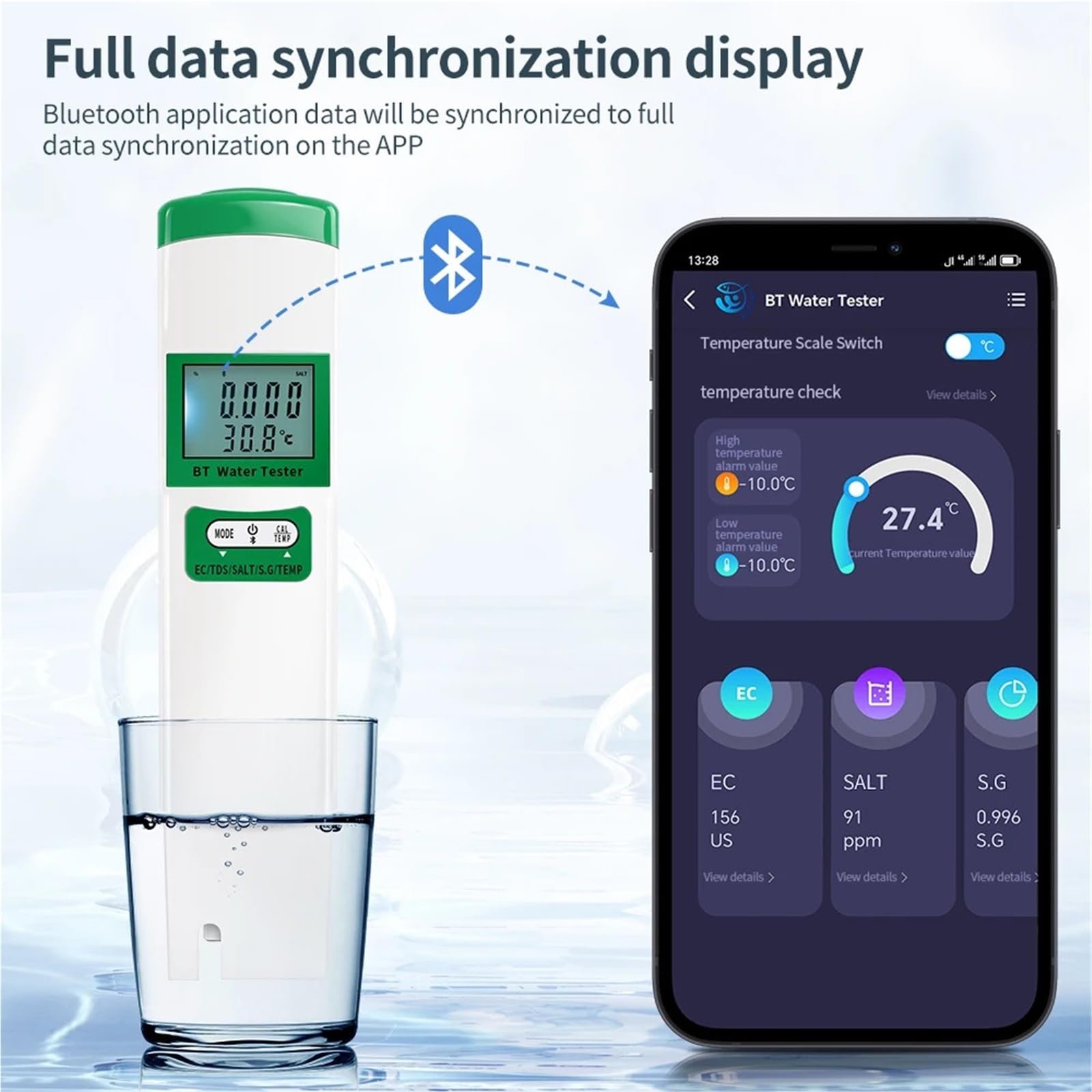 Tester Digitale 5 in 1 for la qualità Acqua, Portatile, Bluetooth, EC, TDS, Sale, SG, Temp, Controllo Tramite App, Test accurato multilingue