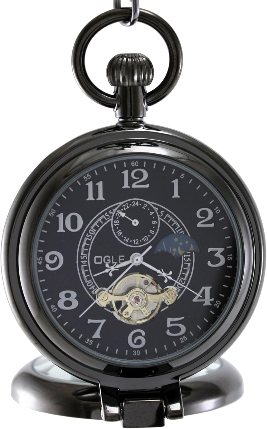 OGLE Waterproof Silver Magnifier Tourbillon Phases Moon Chain Fob Self Winding Automatic Skeleton Half Hunters Mechanical Pocket Watch
