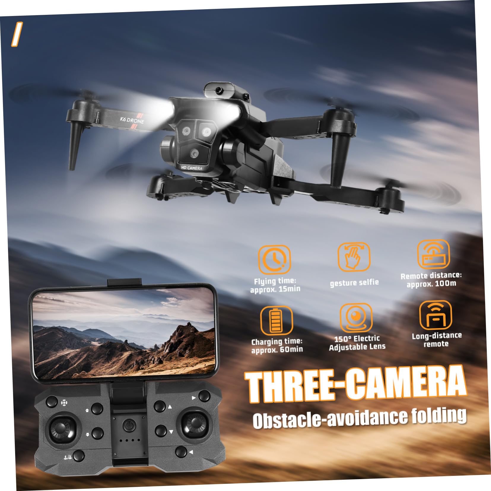 Mini Drone Pieghevole con Camera, Tripla Hd, Lente Elettrica 150° | Doppie Batterie 1800mah 3, 7v, Controllo Via App e Funzione Hold, Corpo Abs Nero