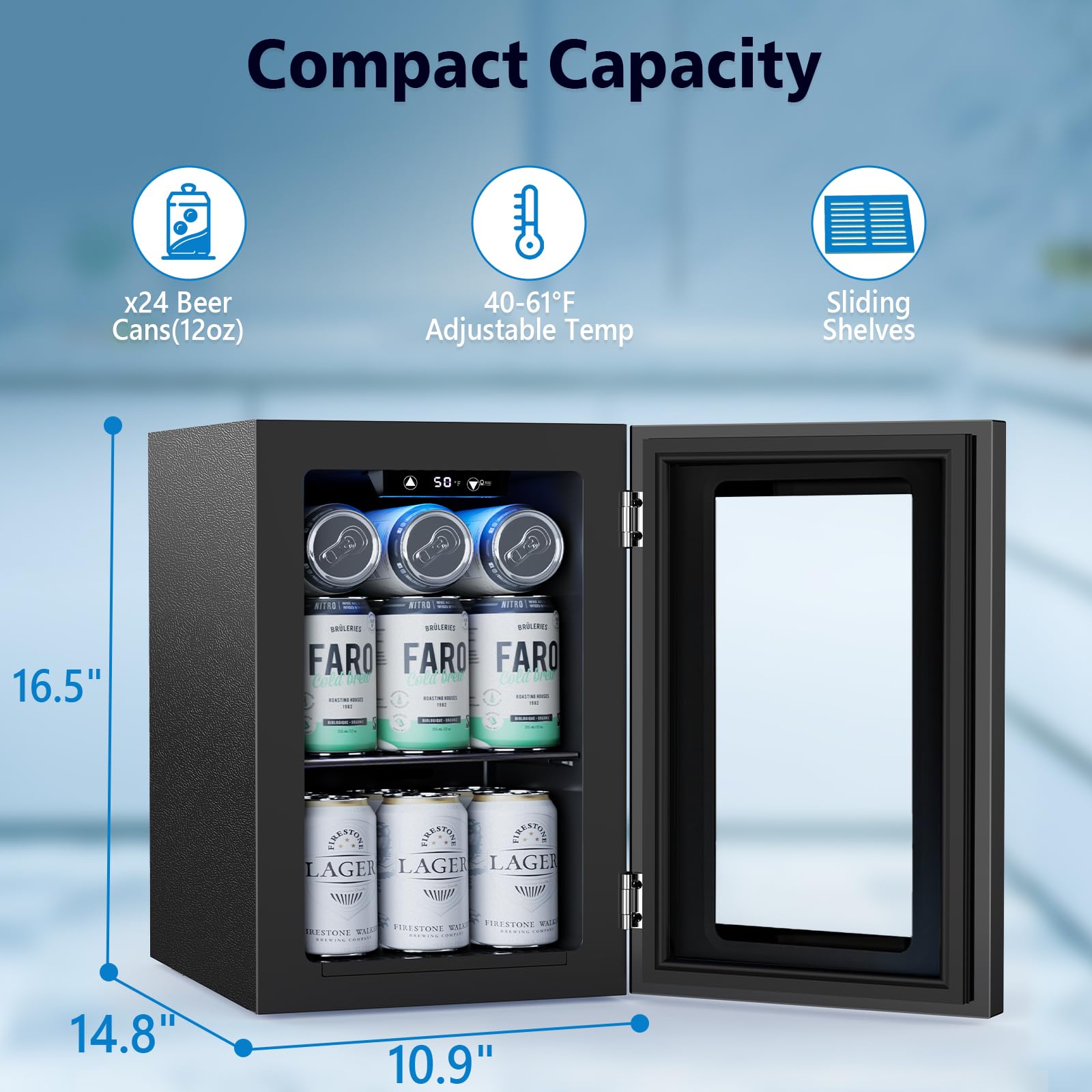 Cowsar Commercial Beverage Refrigerator 24-Can Mini Fridge, Countertop Wine Cooler Small Adjustable Digital Thermostat, LED Light, Freestanding Countertop Drink Refrigerator For Home, Bar & Office on Fridge.com - View 6