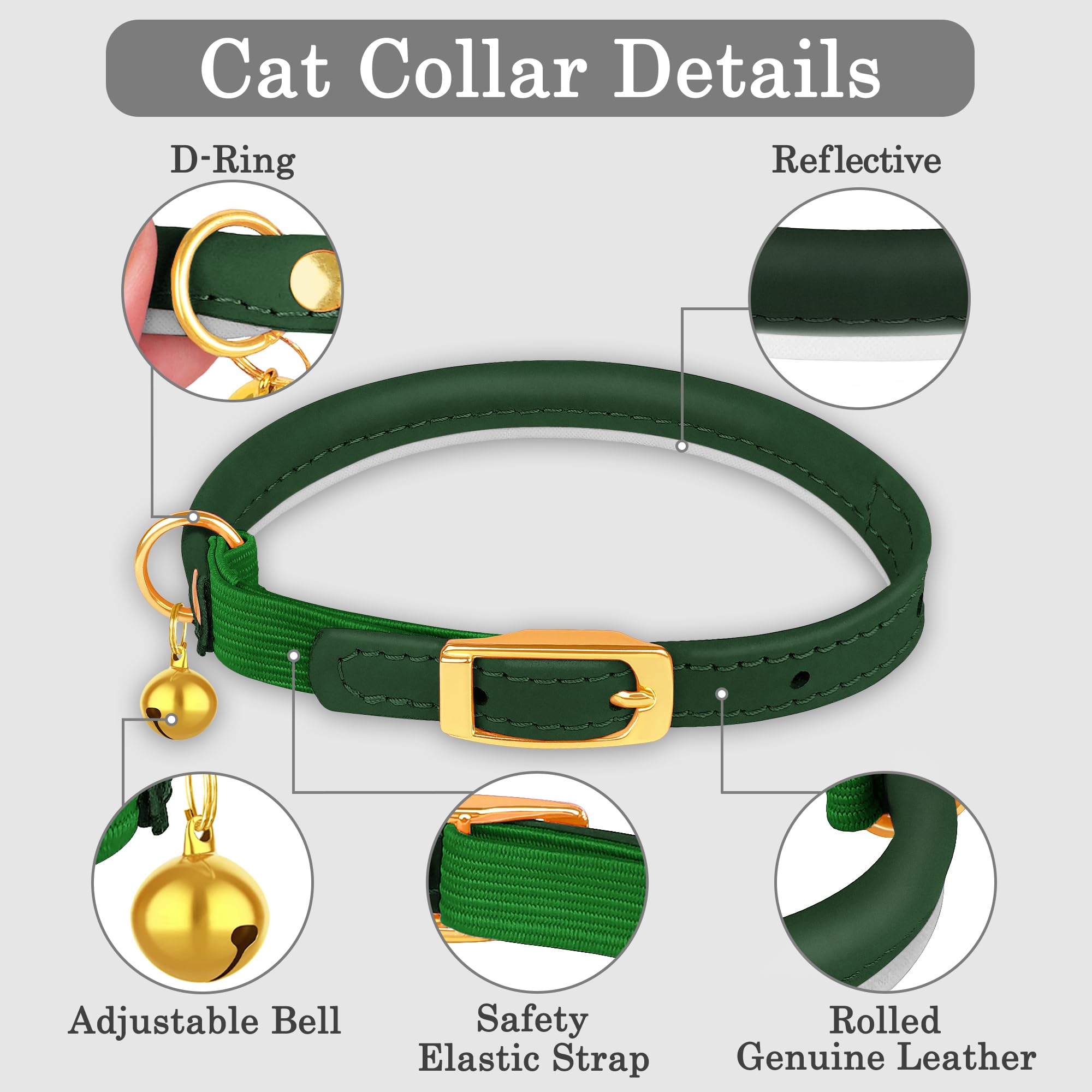 OOPSDOGGY Rolled Leather Cat Collar with Bell, Reflective Kitten Collar with Safety Elastic Strap - Image 4