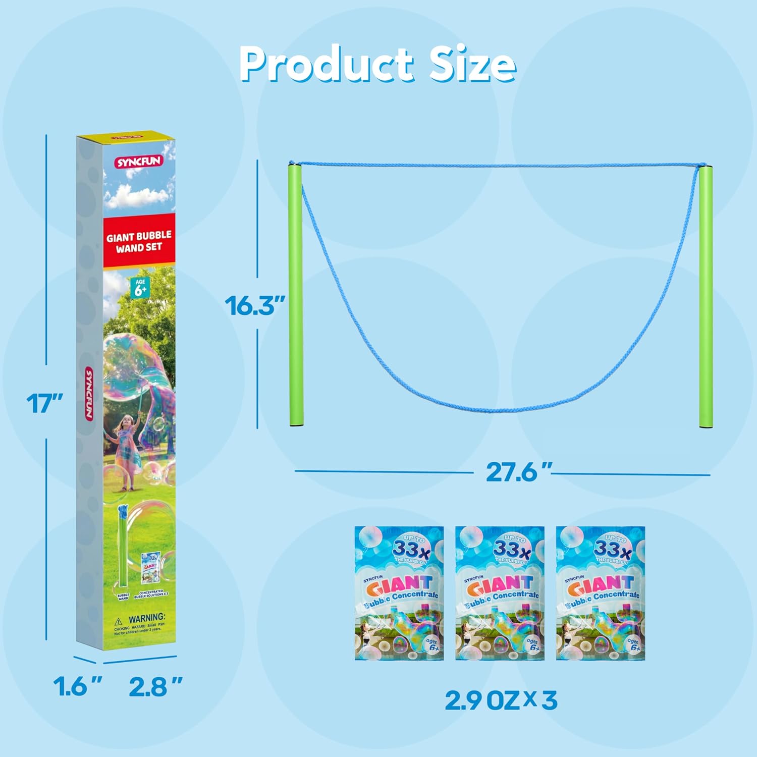 SYNCFUN 4 Pcs Giant Bubble Wand, 1 Big Bubble Wand Set with 3 Packs 33X Super Concentrate Solution, Giant Bubbles Maker for Kids Summer Outdoor Toy Game Activity Birthday Party Favors