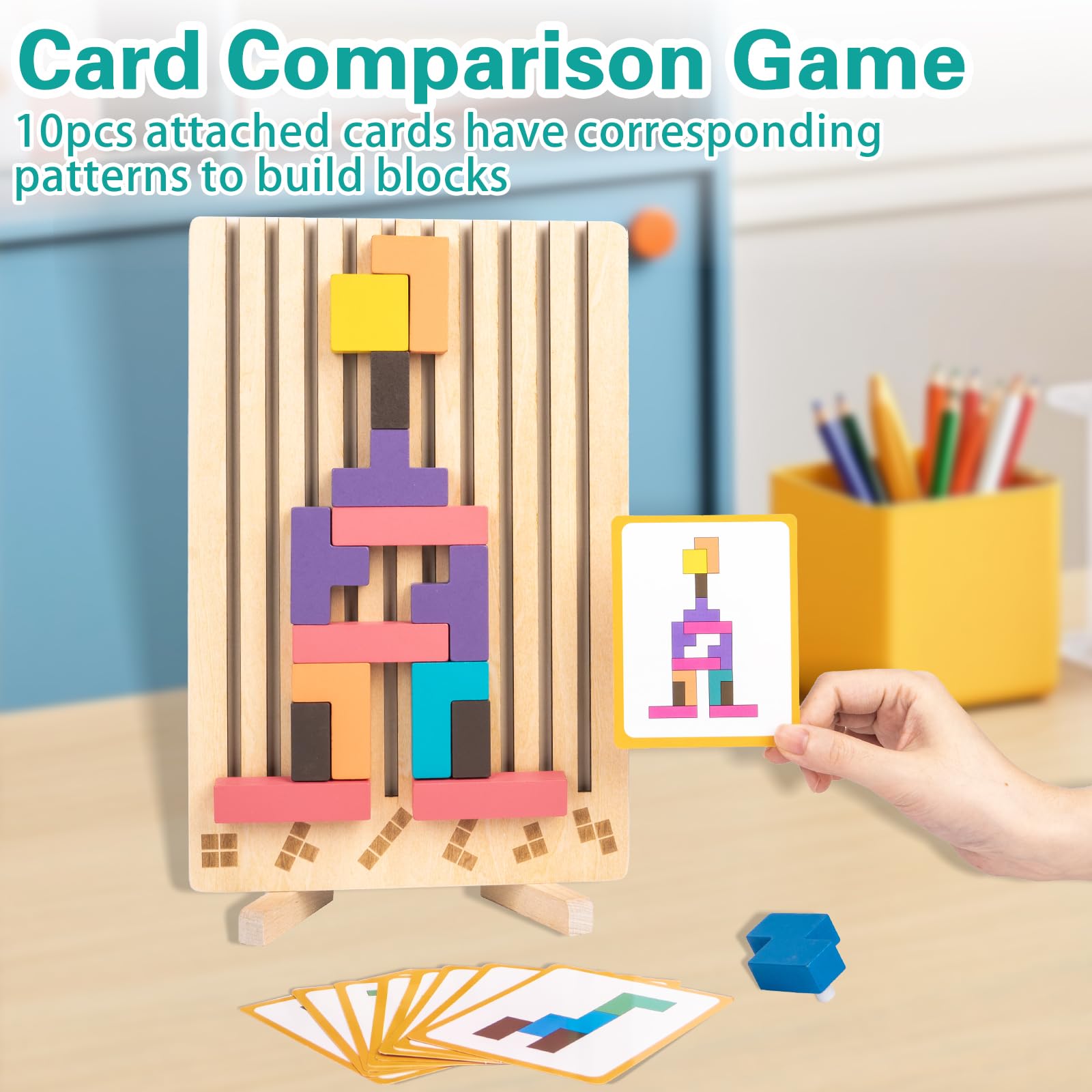 Puzzle 3D Tetris In Legno Per Bambini 3-6 Anni - Gioco Educativo Montessori Con 41 Blocchi Colorati E Carte