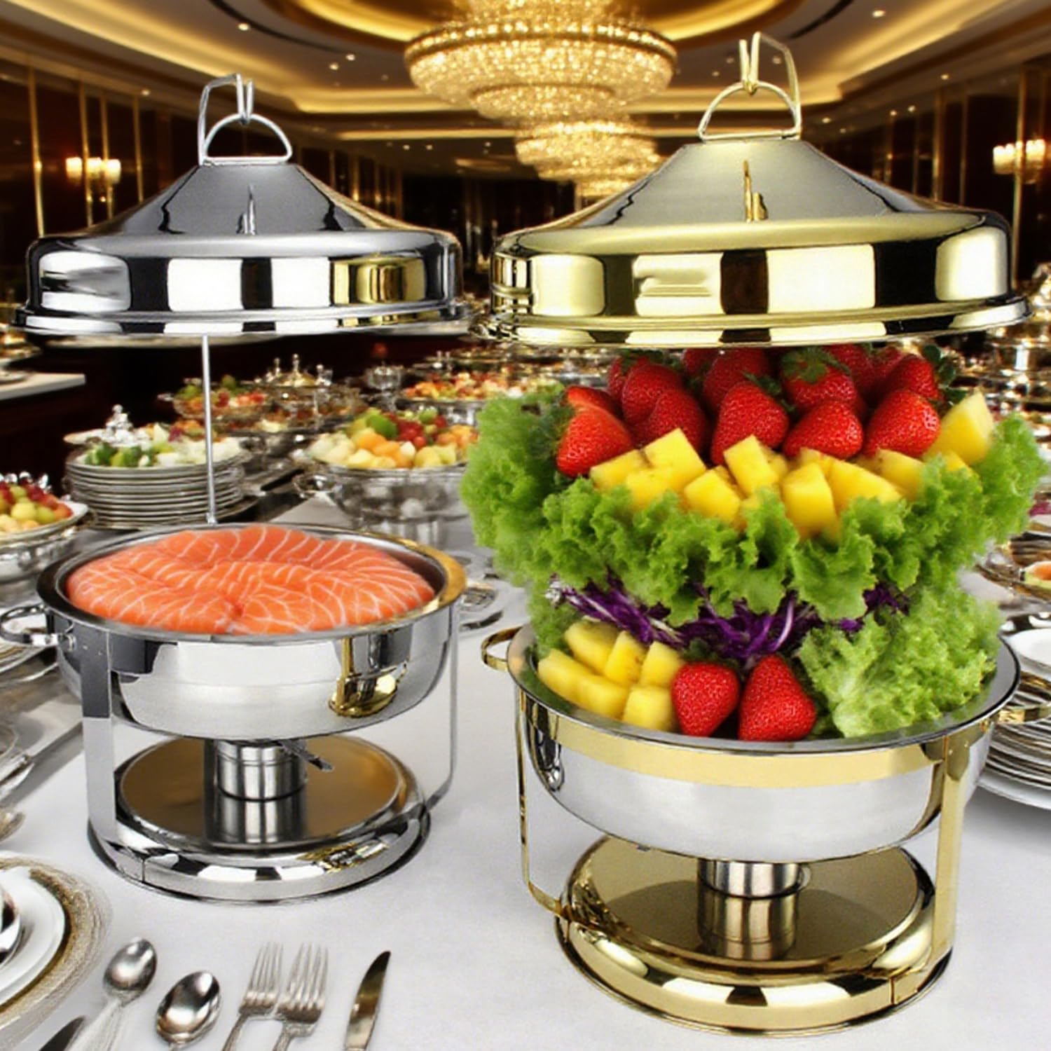 Juego de platos de acero inoxidable, 4,5/9 L, con sartenes colgantes y soportes de combustible para fiestas, restaurantes, hoteles, solución perfecta para catering